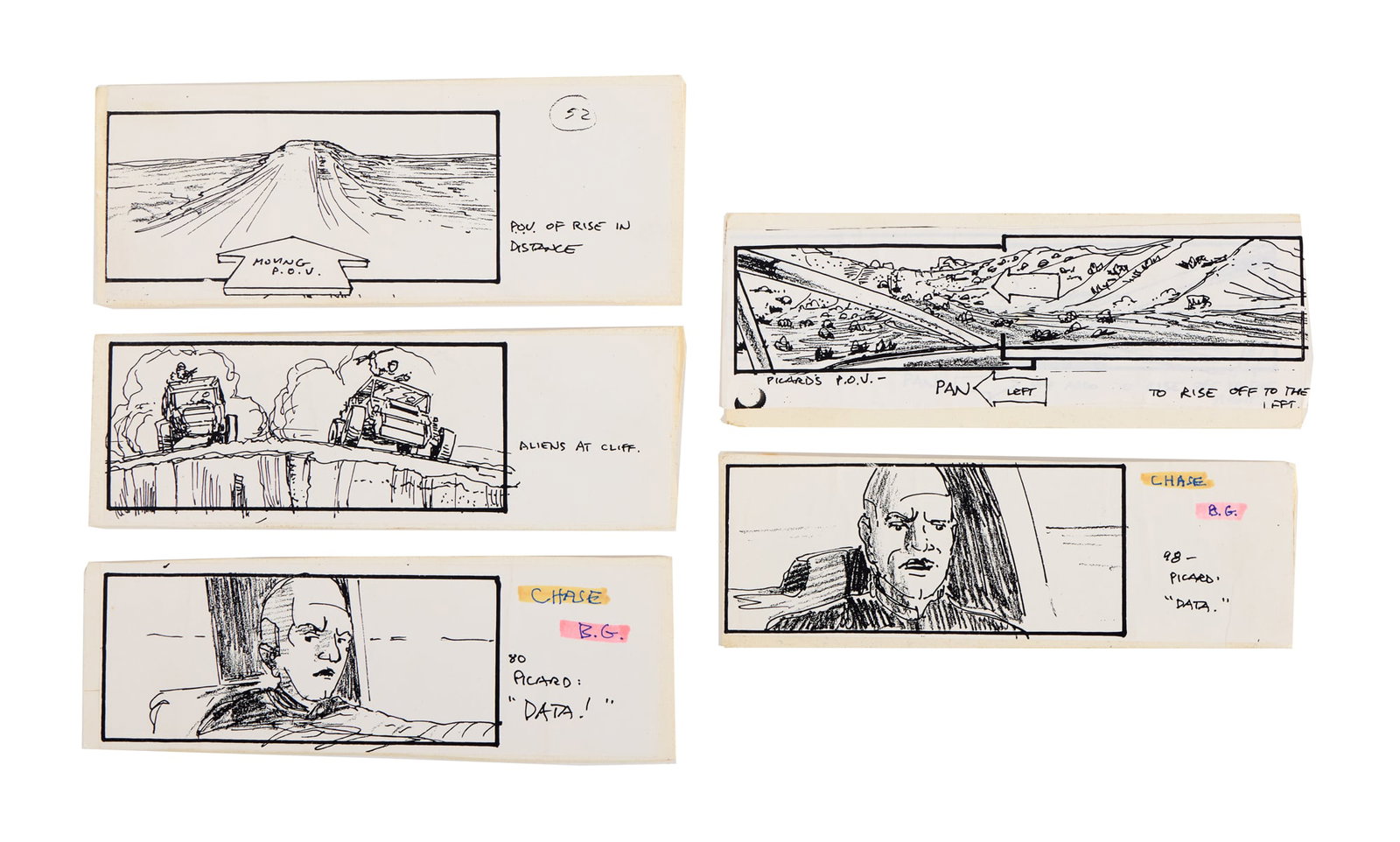 Star Trek: Nemesis | Five Storyboards: Five hand-drawn, black and white storyboards from the production of Star Trek: Nemesis (Paramount Pictures, 2002). The storyboards are mounted on small pieces of foam board with Velcro adhesives on