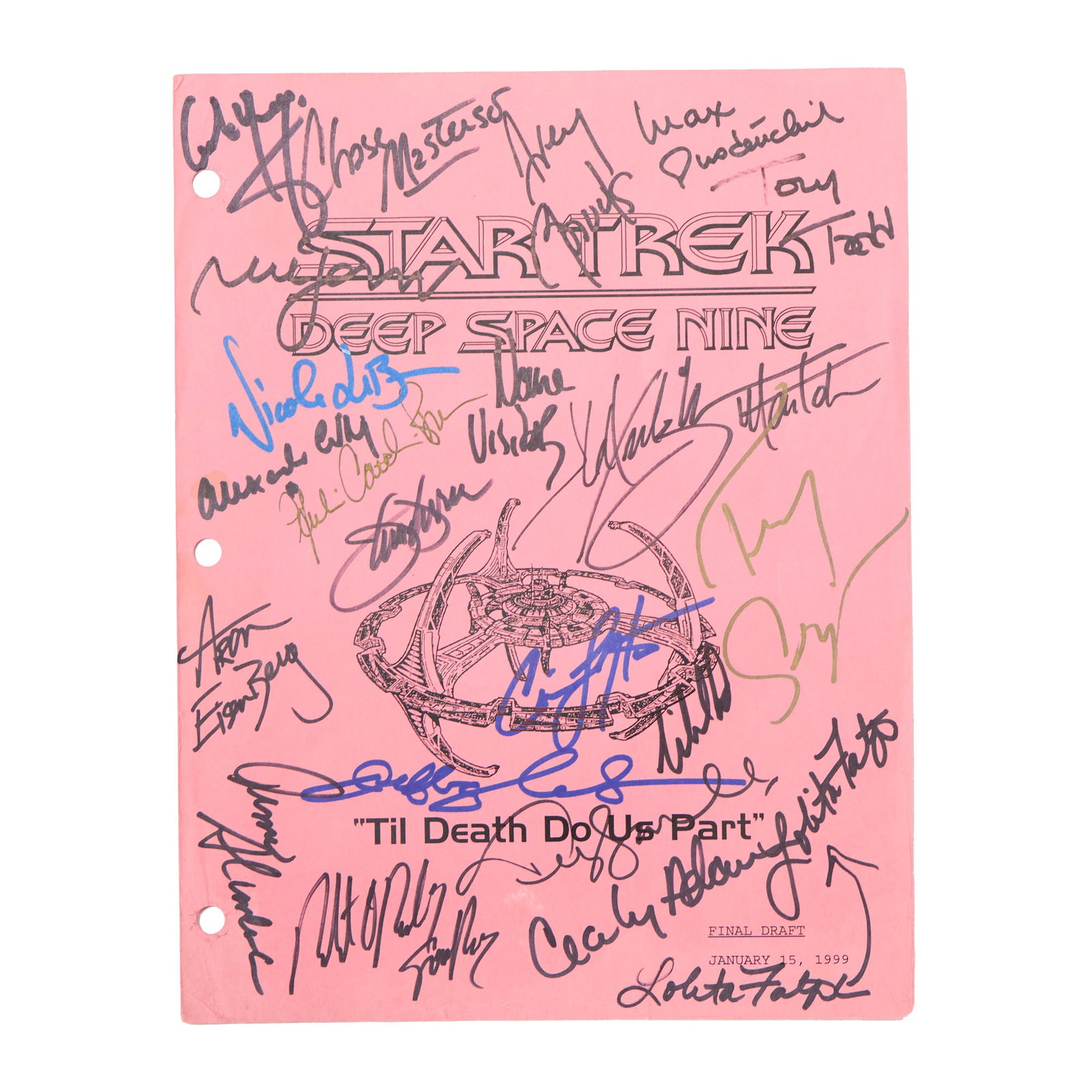 Star Trek: Deep Space Nine | Cast-Signed "Til Death Do Us Part" Script Cover: A pink final draft script cover dated January 15, 1999, for the seventh season Star Trek: Deep Space Nine episode, "Til Death Do Us Part," which first aired on April 12, 1999. The script cover has