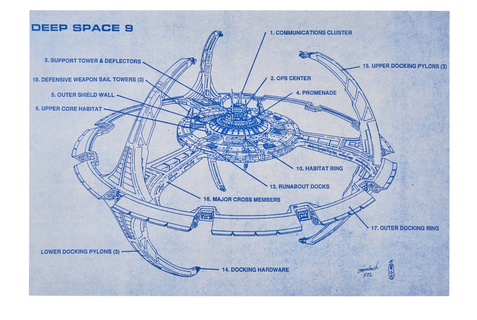 Star Trek: Deep Space Nine | Group of Concept Art: A group of seven pieces of art on blue paper from early in the production of Star Trek: Deep Space Nine (Syndicated, 1993-1999), including a diagram of the station by Rick Sternbach dated May 1992;