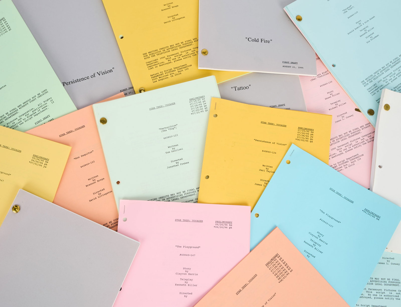 Star Trek: Voyager | Seasons One, Two, and Three Production Scripts: A huge group of production scripts and color-coded page revisions from the first three seasons of Star Trek: Voyager (UPN, 1995-2001). Some are complete drafts while others represent select page revis