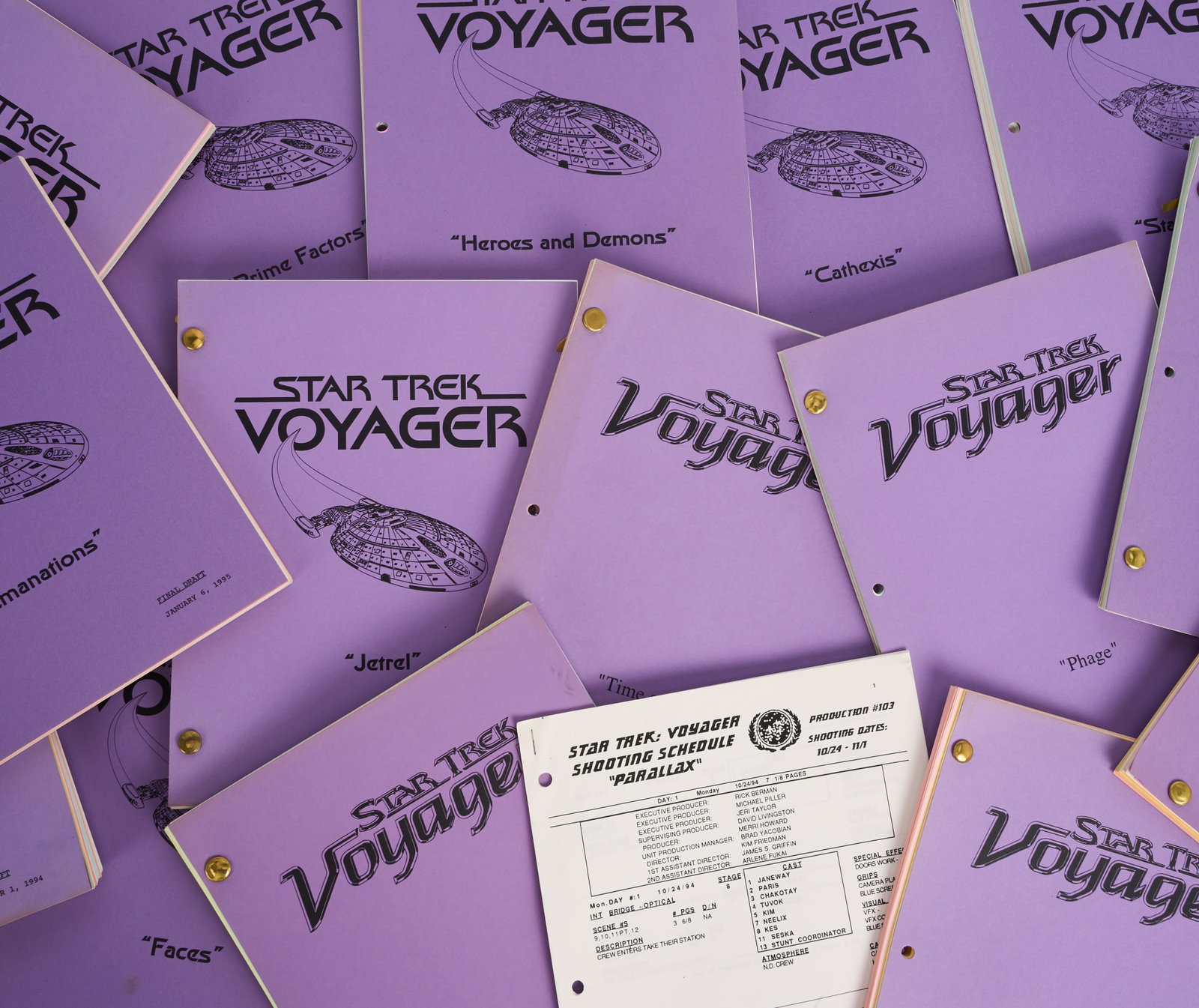 Star Trek: Voyager | Season One Production Script Archive: An original group of production scripts from the first season of Star Trek: Voyager (UPN, 1995-2001), which aired between January 16, 1995, and May 22, 1995. Many include rainbow colored page