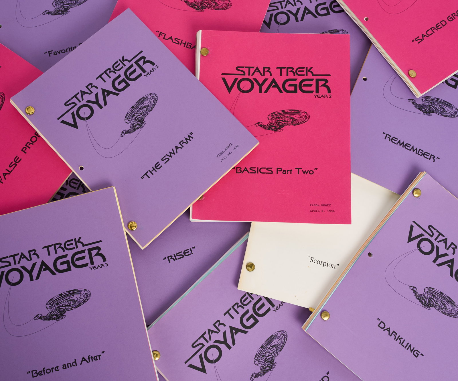 Star Trek: Voyager | Season Three Production Script Archive: An original group of production scripts from the third season of Star Trek: Voyager (UPN, 1995-2001), which aired between September 4, 1996, and May 21, 1997. Many include rainbow colored page revisio
