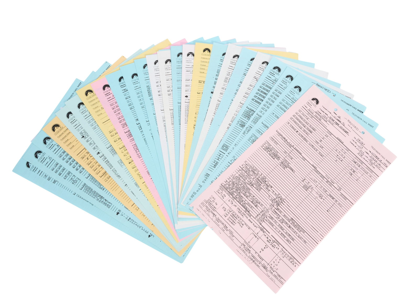 Star Trek: Voyager | Third Season Call Sheets: A group of over thirty-five call sheets from the production of the third season of Star Trek: Voyager (UPN, 1995-2001). The pink, blue, yellow, and white call sheets cover both first unit and second