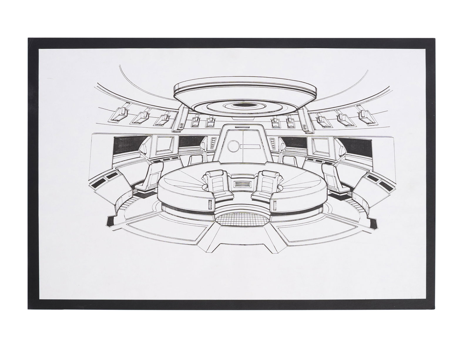 Star Trek: Voyager | Group of Mounted Concept Sketches: A group of eight black and white concept sketches mounted on black cardboard, from the production of Star Trek: Voyager (UPN, 1995-2001), including three Voyager bridge concepts, one main engineering