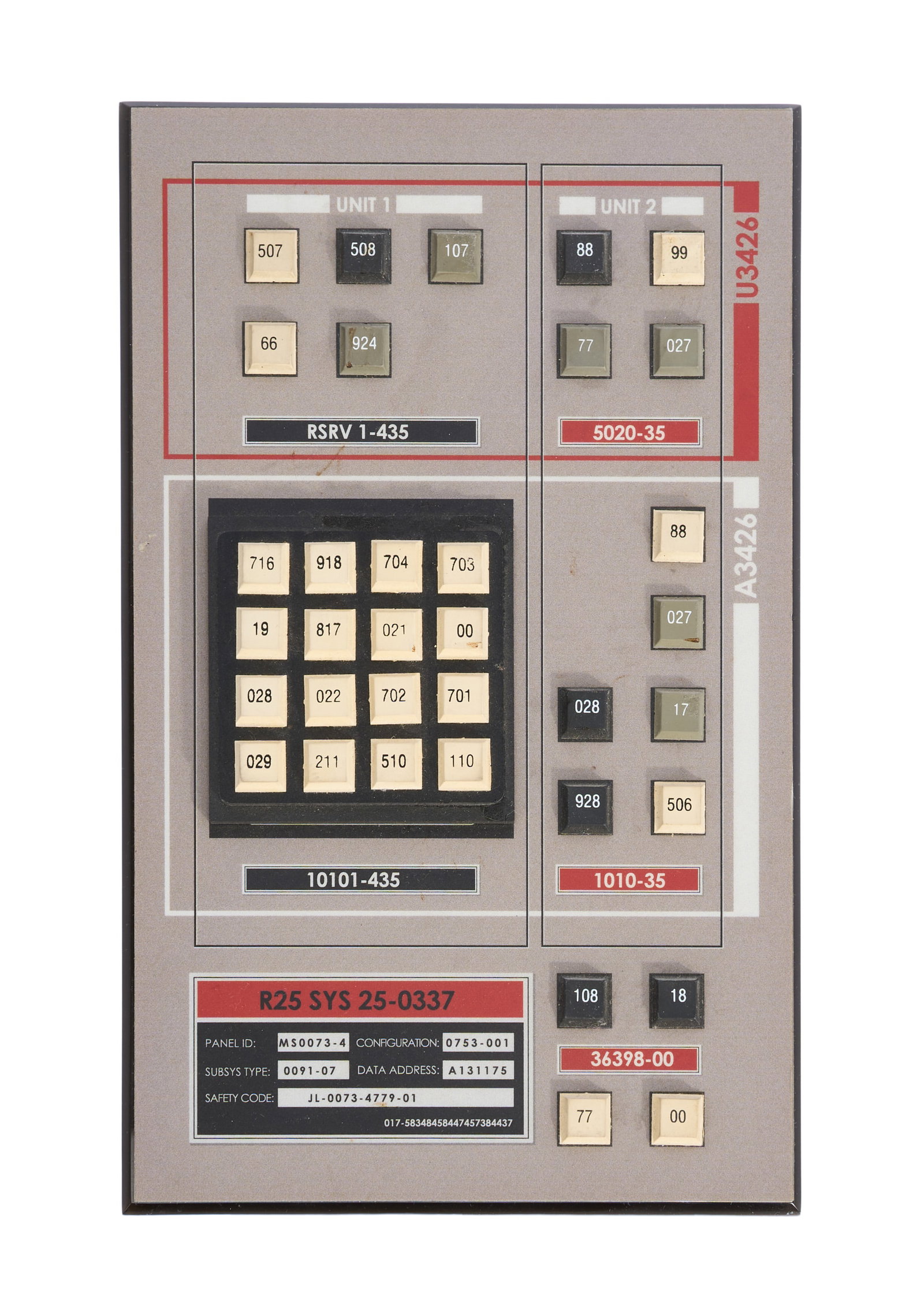 Star Trek: Enterprise | NX-01 Enterprise Bridge Wall Panel: A Starfleet bridge panel from the production of Star Trek: Enterprise (UPN, 2001-2005). The panel contains a variety of rubber buttons featuring various numbers. This particular panel was located at