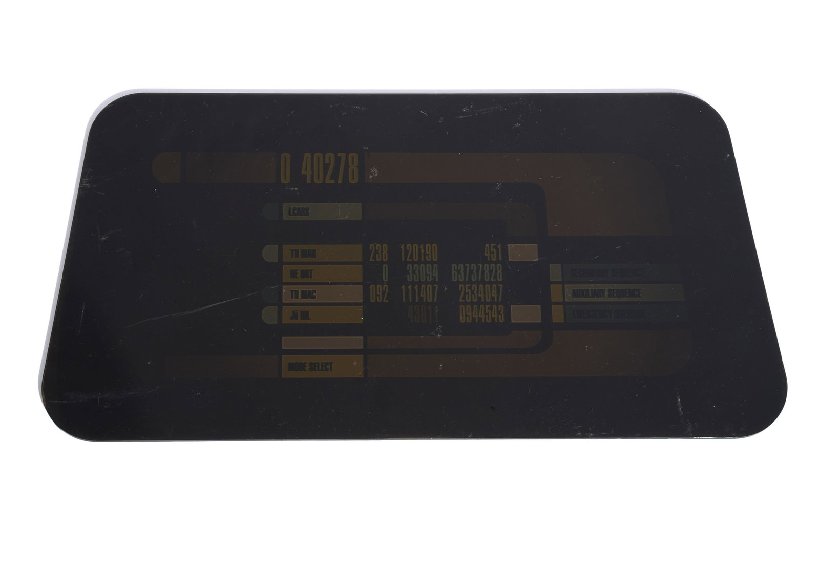 Star Trek: Picard | Enterprise-D Bridge LCARS Panel B: An original Enterprise-D LCARS panel from the production of Star Trek: Picard (Paramount Plus, 2020-2023) It features the number "40278" at the top, which is a built-in Easter egg from Graphic