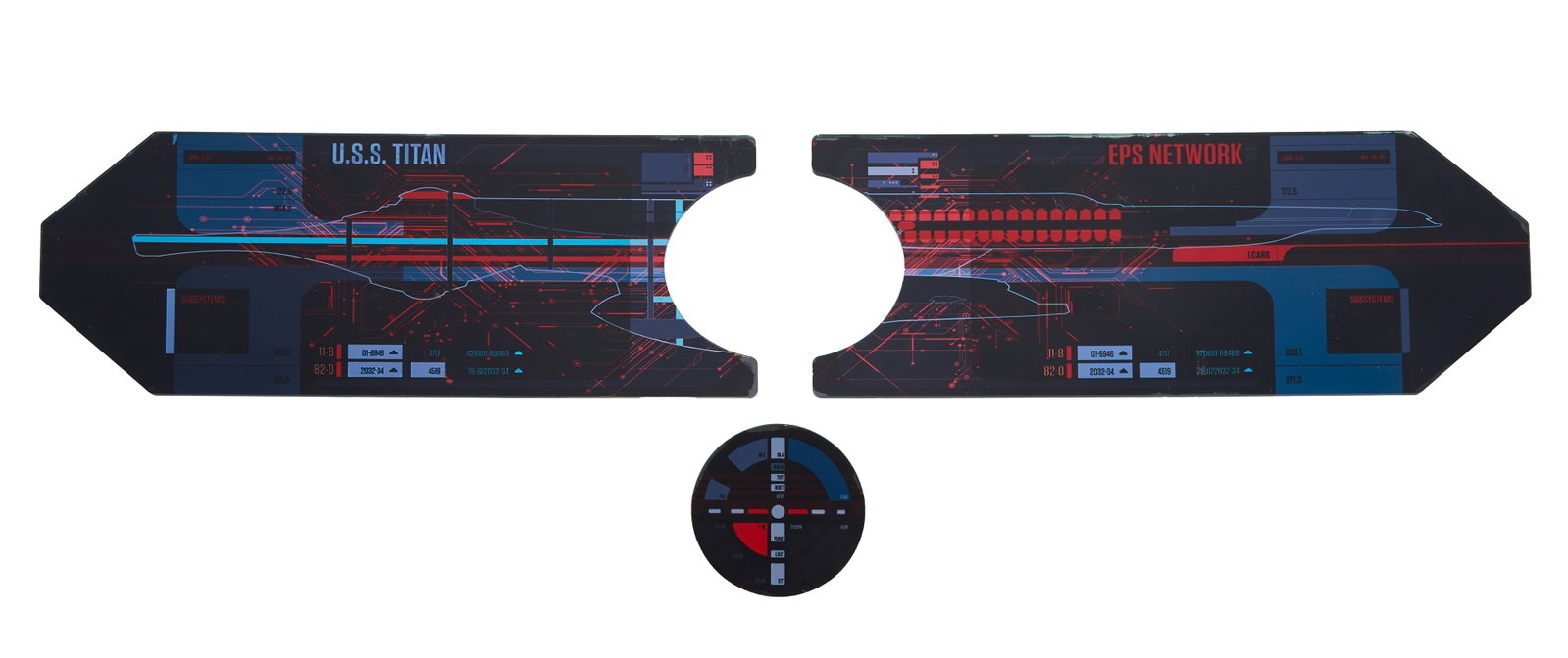 Star Trek: Picard | USS Titan EPS Network LCARS Panels: A group of three EPS Network LCARS panels from the set of the USS Titan, as seen on the third season of Star Trek: Picard (Paramount Plus, 2020-2023). Comprised of two arrowhead-shaped LCARS panels,