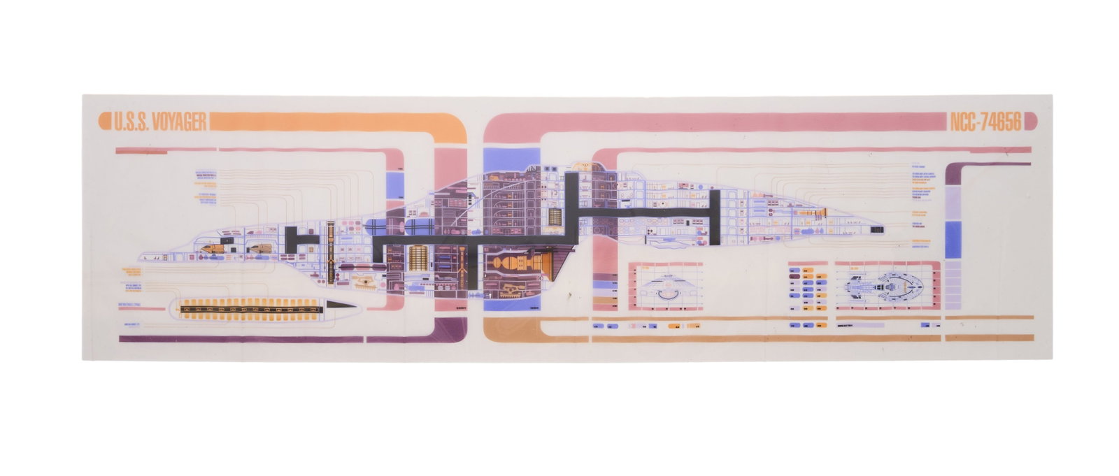 Star Trek: Picard | USS Voyager and USS Equinox Graphics from Geordi's Desk: A rolled transparency featuring a purple, pink, and orange LCARS cutaway of the USS Voyager. Together with a rolled purple, orange, pink, and black LCARS cutaway of the USS Equinox. Created for the