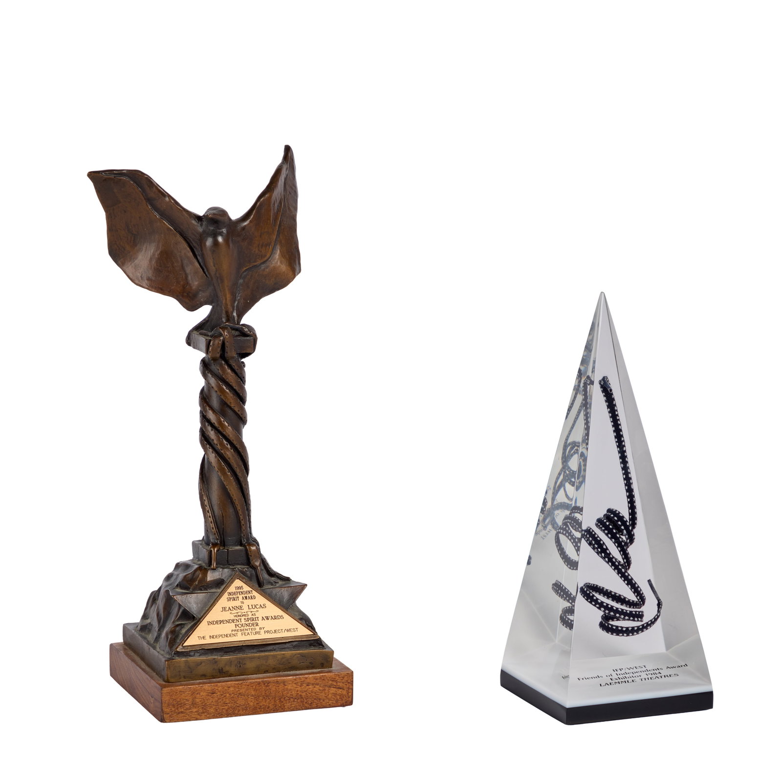 Independent Spirit Awards | 1995 Honorary Award for Founder, Jeanne Lucas, with 1984 FINDIE Award: An honorary Independent Spirit Award trophy presented in 1995 to co-founder of the award show, Jeanne Lucas. Together with the FINDIE Award (IFP/West Friends of Independents) for the 1984 Exhibitor