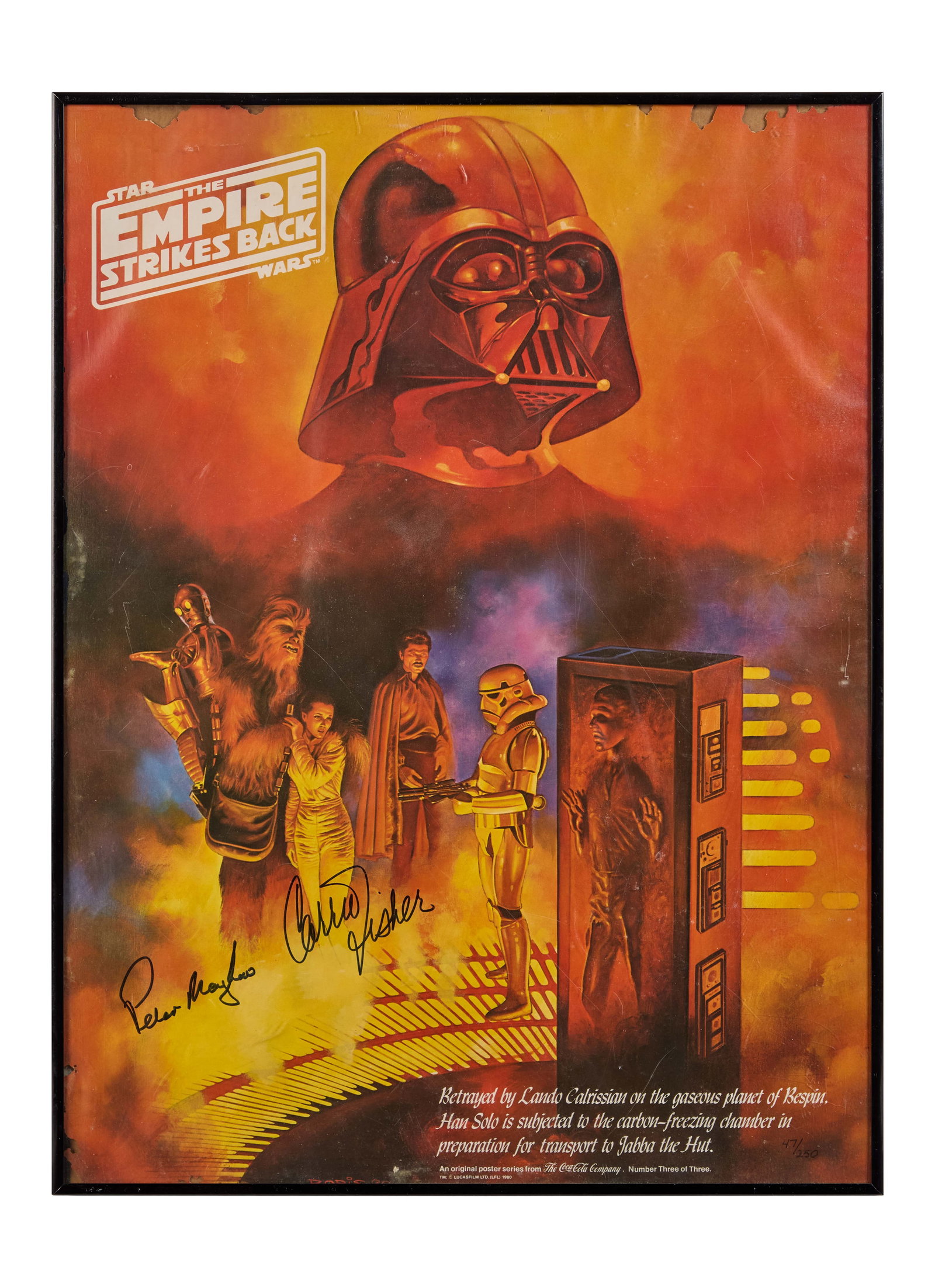 Star Wars: The Empire Strikes Back | Carrie Fisher and Peter Mayhew Signed Poster: Coca-Cola Company, 1980. Poster, 18 x 24 inches. Severe damage to the edges of the poster, with several notable places completely torn away, especially on the top left. Framed. Signed by Carrie