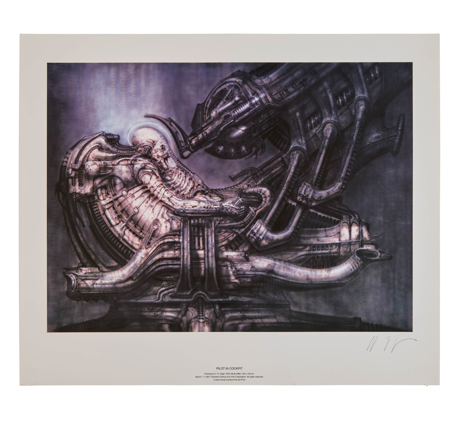Alien | H.R. Giger Signed "Pilot in Cockpit" Print: A print of a 1978 H.R. Ginger painting, hand-signed by the artist on the lower right. The image depicts the Space Jockey from Alien (20th Century Fox, 1979) in its piloting chair, an image inspired by