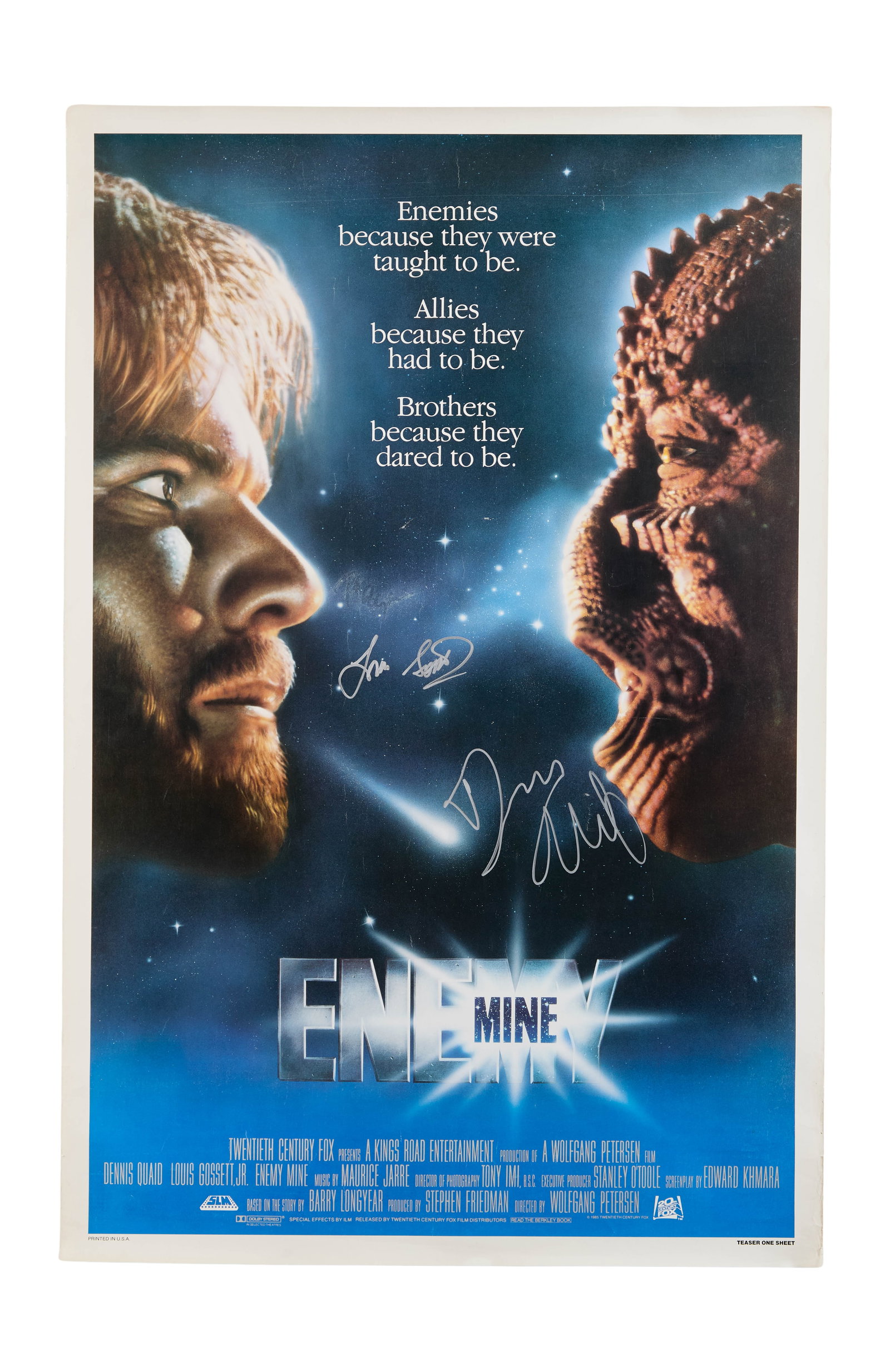 Enemy Mine | Dennis Quaid and Louis Gossett Jr. Signed Poster: 20th Century Fox, 1985. One-sheet poster, 27 x 41 inches. Some wrinkling; small tears on the edges of the poster. Rolled. Signed by actors Dennis Quaid (Willis Davidge) and Louis Gossett Jr. (Jeriba