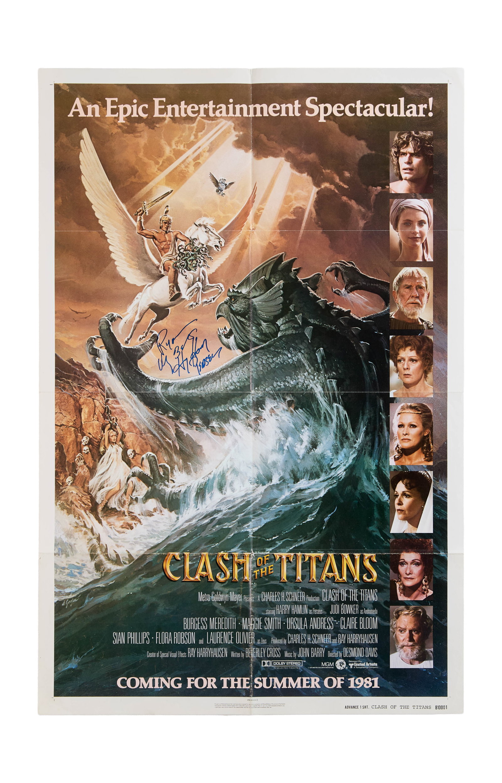 Clash of the Titans (1981) | Harry Hamlin Signed Poster: MGM, 1981. One-sheet poster, Advance Style B, 27 x 41 inches. Small crease on the lower left corner; minor fold separation. Folded. Signed and inscribed by star Harry Hamlin (Perseus) in blue pen.