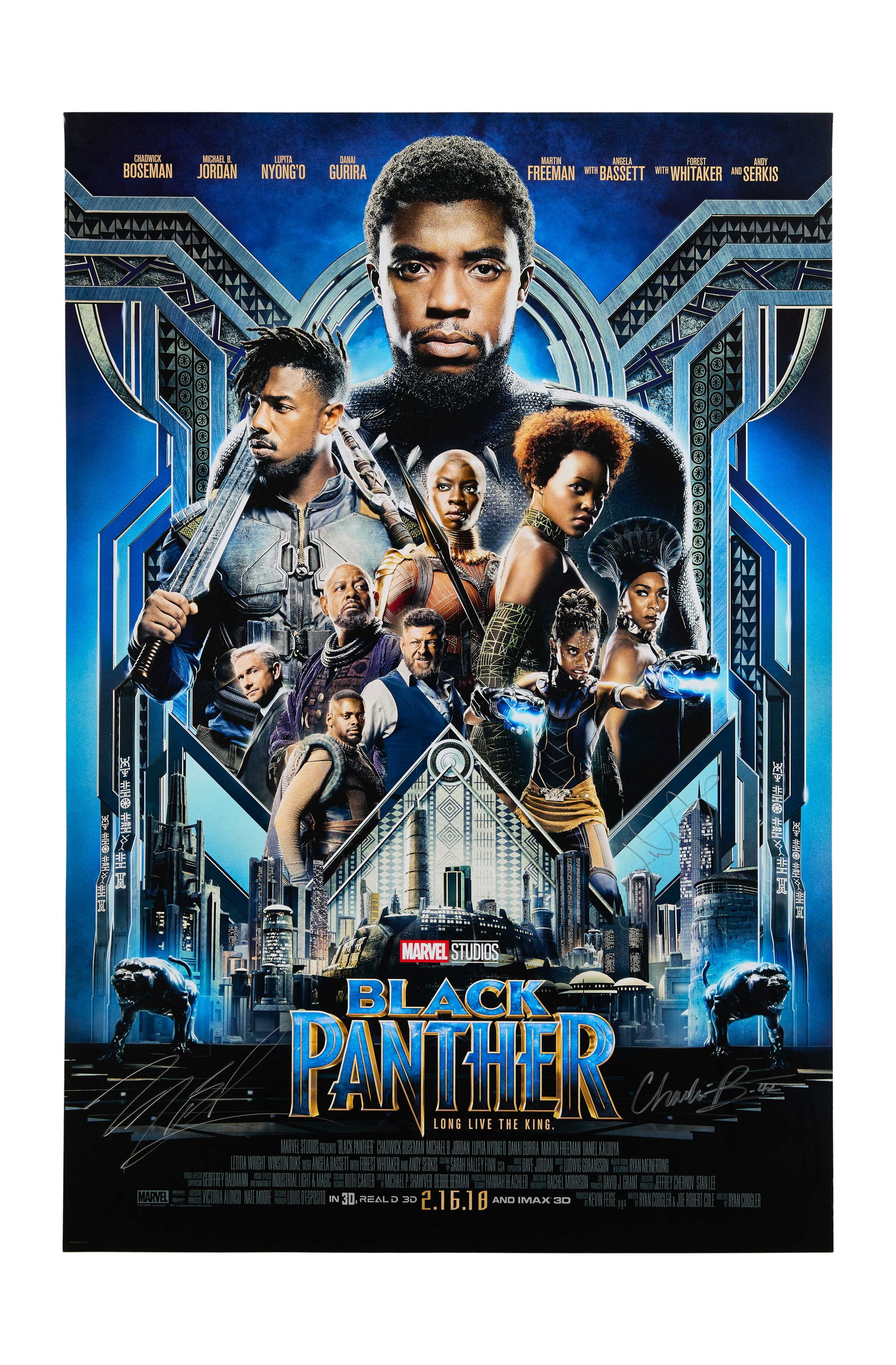 Black Panther | Cast-Signed Movie Poster: Marvel Studios, 2018. One sheet, 27 x 40 inches. Very minor wear on edges. Rolled. Signed in silver-tone pen by Chadwick Boseman (T'Challa/Black Panther), Michael B. Jordan (N'Jadaka/Erik