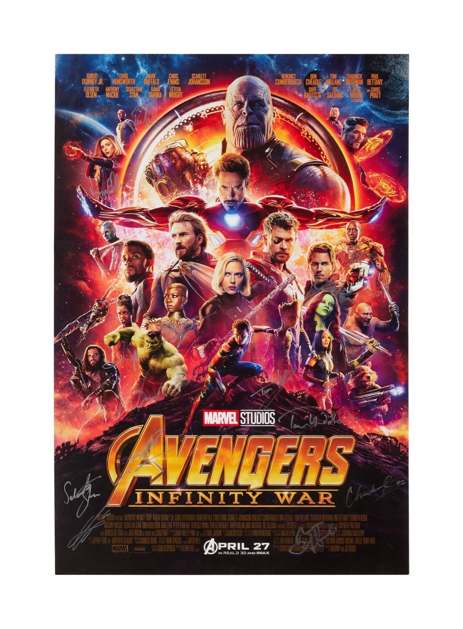 Avengers: Infinity War | Cast-Signed Poster: Cast-signed theatrical poster for Avengers: Infinity War (Marvel Studios 2018). Signatures include Paul Bettany (Vision) Elizabeth Olsen (Wanda Maximoff) Danai Gurira