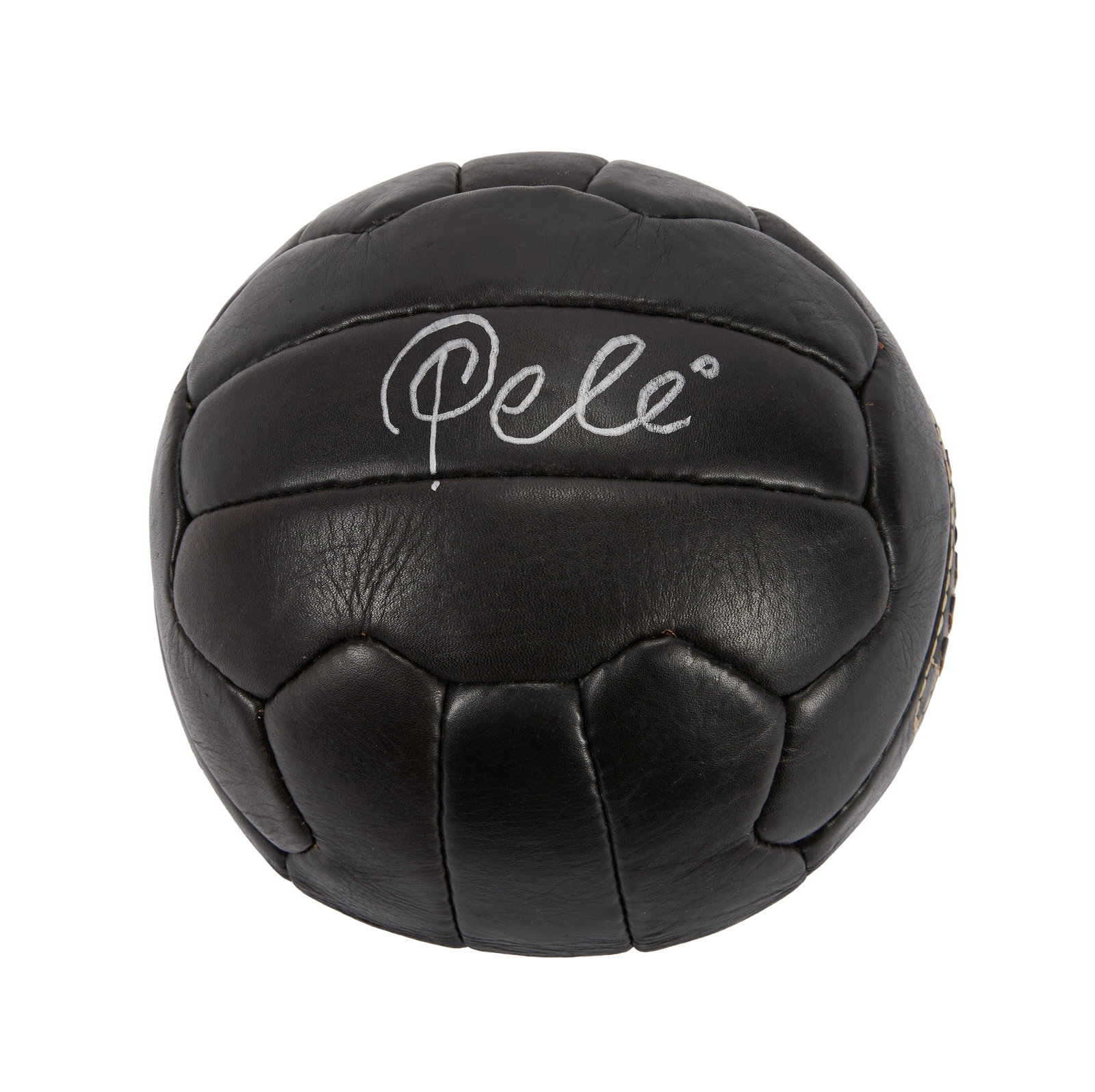 Pele | Signed 1950s-Style Football (Beckett): A leather 1950s-style football, hand-signed in silver marker by Pele. Affixed with a "Beckett Authenticated" certification sticker: BF26503.