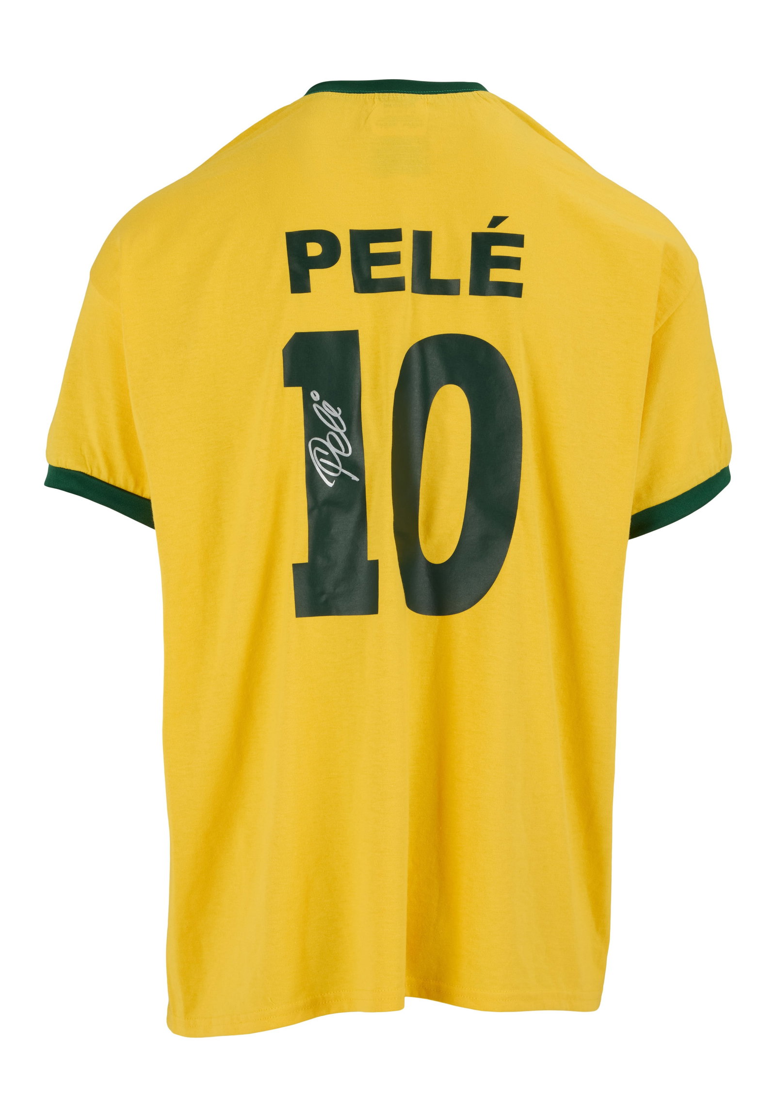 Pele | Signed Brazil Commemorative Jersey (JSA): A commemorative Copa Mundo brand Pele #10 Brazil jersey (size XL), hand-signed by Pele. Accompanied by a Letter of Authenticity from JSA. PROVENANCE Signed by Pele from His Personal Collection in 2016