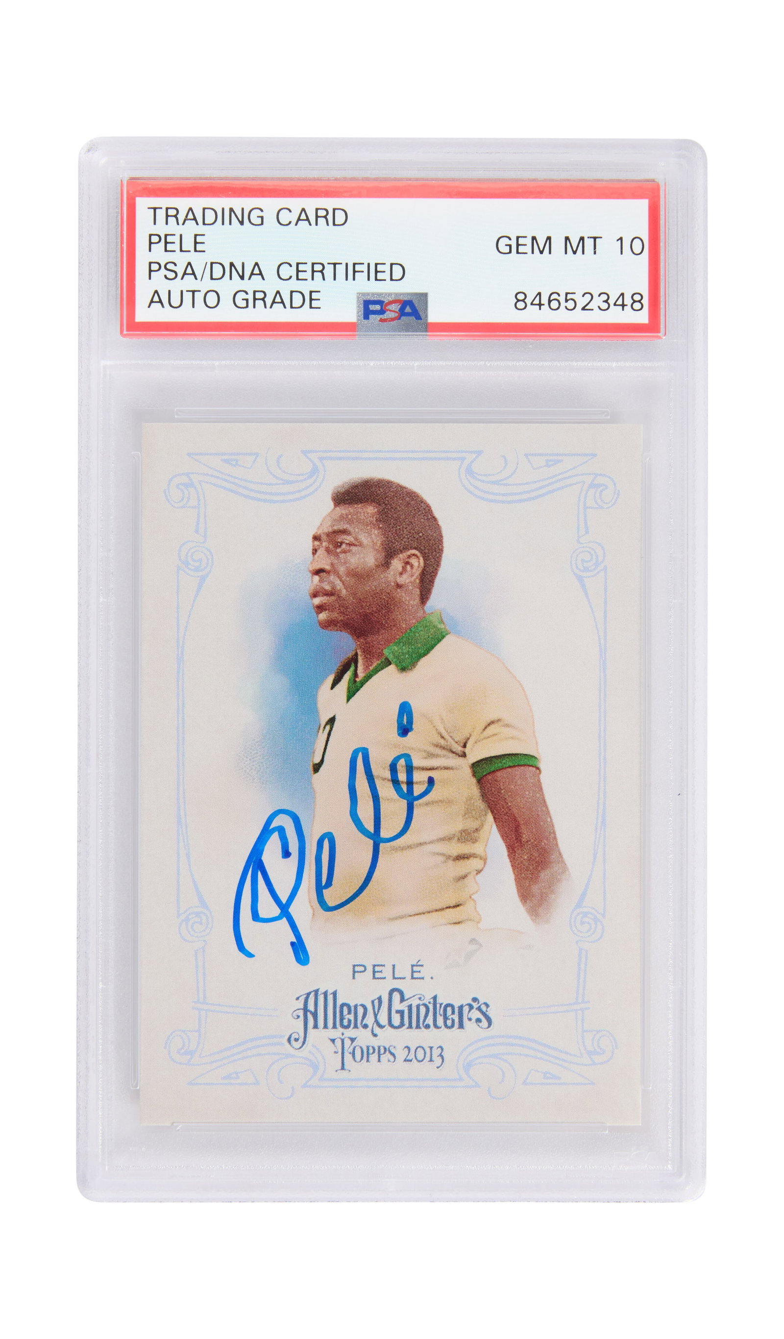 Pele | Signed Topps ?Allen & Ginter's? Trading Card (PSA): A 2013 Topps "Allen & Ginter's" series #130 trading card for Pele (Brazil), hand-signed by Pele in blue marker. Encapsulated in a PSA authentication slab. Graded Gem MT 10 for card condition.