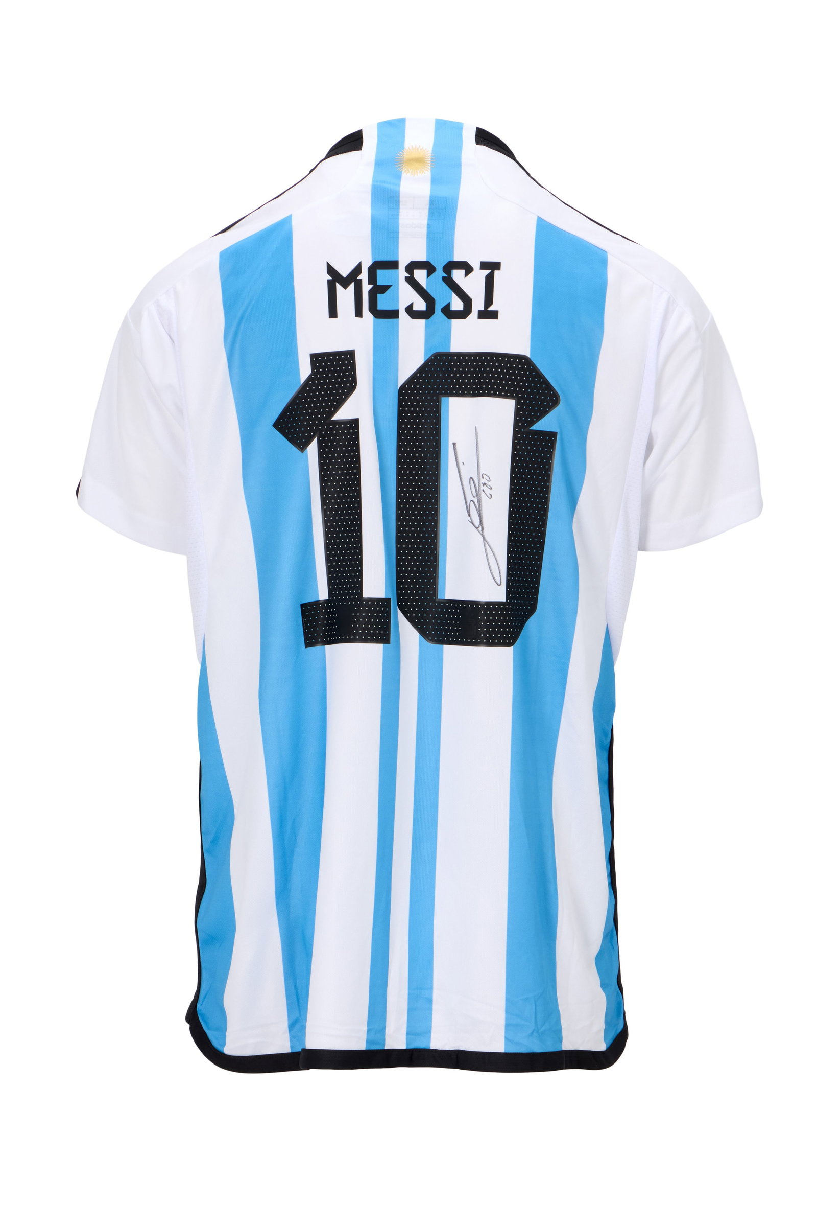 Lionel Messi | Signed Argentina Commemorative Jersey (Icons): A commemorative Adidas brand Lionel Messi #10 Argentina jersey (size XL), hand-signed by Messi. Accompanied by a Certificate of Authenticity from Icons.