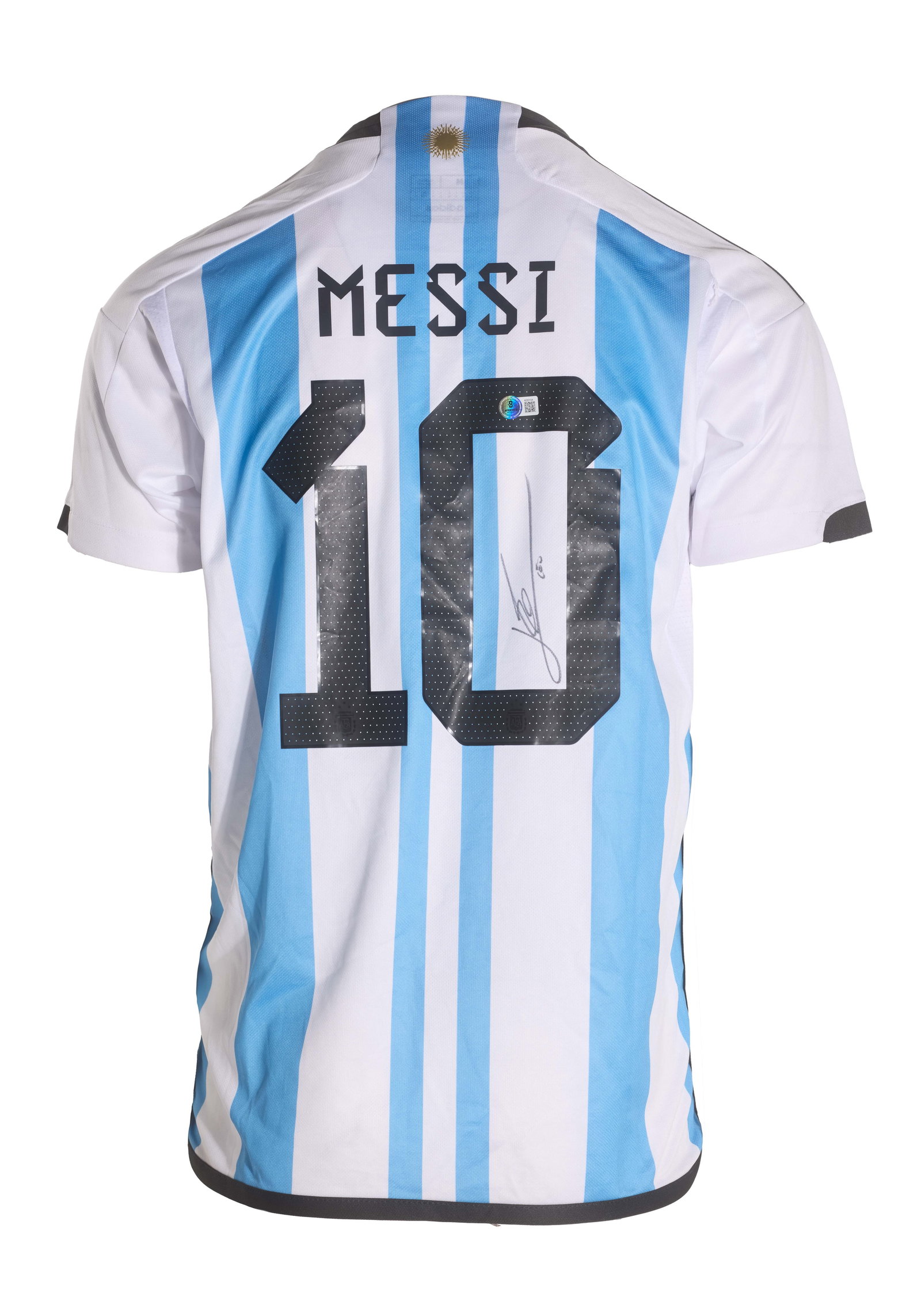 Lionel Messi | Signed Argentina Commemorative Jersey (Beckett): A commemorative Adidas brand Lionel Messi #10 Argentina jersey (size M), hand-signed by Messi. Accompanied by a Letter of Authenticity from Beckett.