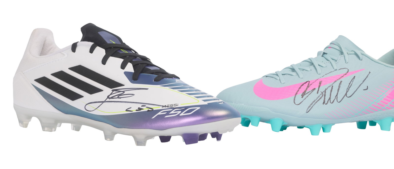 Lionel Messi and Ronaldo | Signed Boots (2): A left-foot Nike brand Mercurial boot (size 10US) hand-signed in black marker by Cristiano Ronaldo, together with a right-foot Adidas brand F5O boot (size 9.5 US) hand-signed in black marker by Lionel