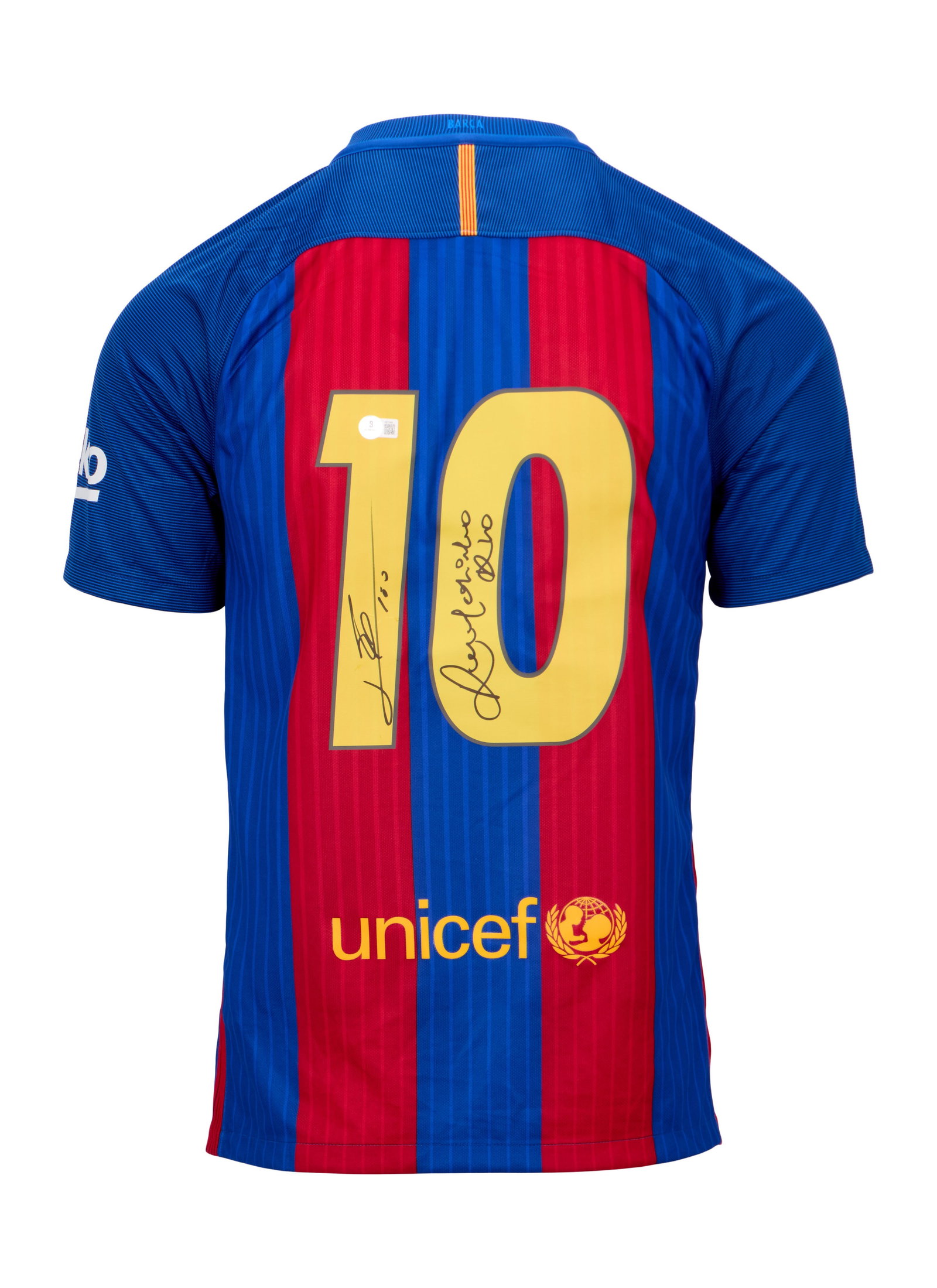 Lionel Messi and Ronaldinho | Signed Barcelona Commemorative Jersey (Beckett): A Nike brand Barcelona commemorative jersey (size S), hand-signed in black marker by both Lionel Messi and Ronaldinho. Accompanied by a Letter of Authenticity from Beckett.