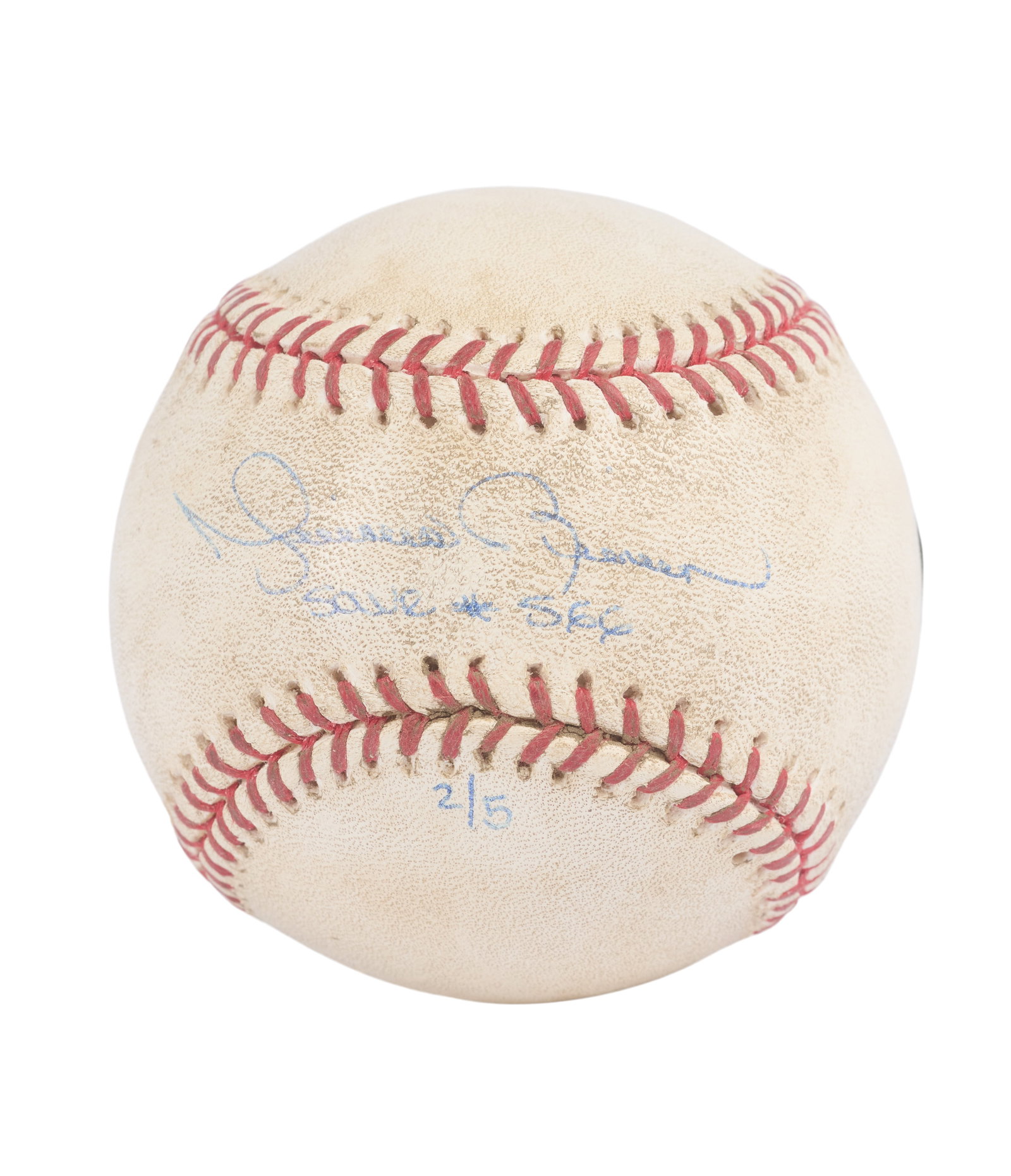 Mariano Rivera | Game-Used and Signed 566th Career Save Baseball (MLB): An official Rawlings brand baseball, game-used by Mariano Rivera during his 566th career save, and later signed by Rivera to the "sweet spot" in blue ink. Numbered 2 out of 5 balls pitched by Rivera
