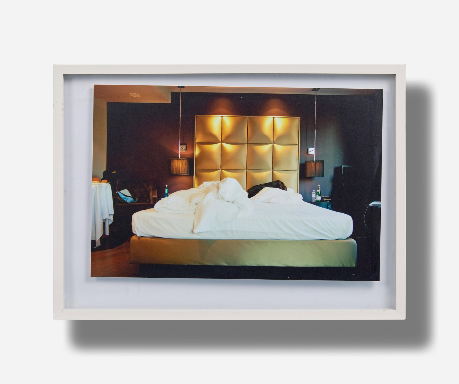 Boy George | Boy George Photograph from the Hotel Bed Series: A color photograph from a series featuring unmade beds in hotel rooms, taken by Boy George while performing on tour. The images from this series are mounted to foamcore board and suspended in a 