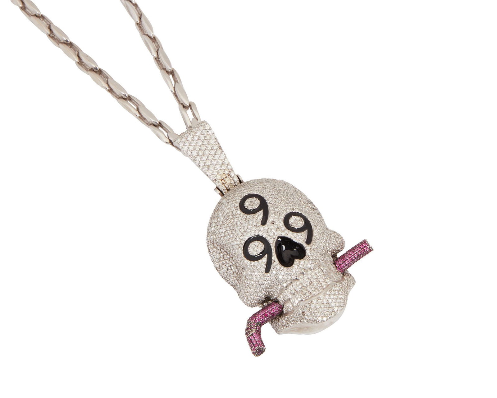 Juice WRLD | Stage-Worn and Magazine Cover-Worn Diamond and 14k Gold "999" Skull Pendant (with: A GLD brand skull pendant, encrusted with diamonds and mounted on a 14k white gold Braccio brand chain. Designed as a pavé-set diamond skull, with black enamel detailing and a pink gemstone str