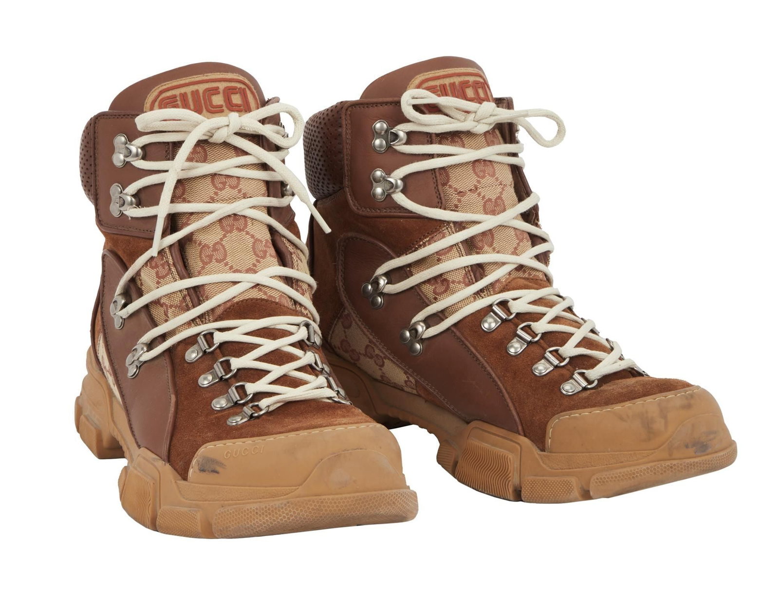Juice WRLD | Stage-Worn Gucci Flashtrek Sneakers (with Photo): A pair of brown Gucci Flashtrek high-top sneakers (521679), worn on stage by Juice WRLD during a live concert performance in Dallas, Texas, on July 27, 2019. Accompanied by a photo of Juice WRLD weari