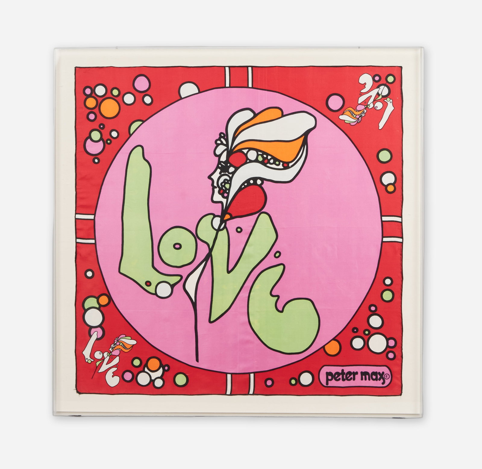 Peter Max | Pop Art Framed "Love" Scarf: A Pop Art Peter Max silk scarf circa 1960s featuring an Art Dec figure in profile with "Love" spelt out in bubble letters. The scarf is mounted and framed in plexiglass. From the collection of Cameron