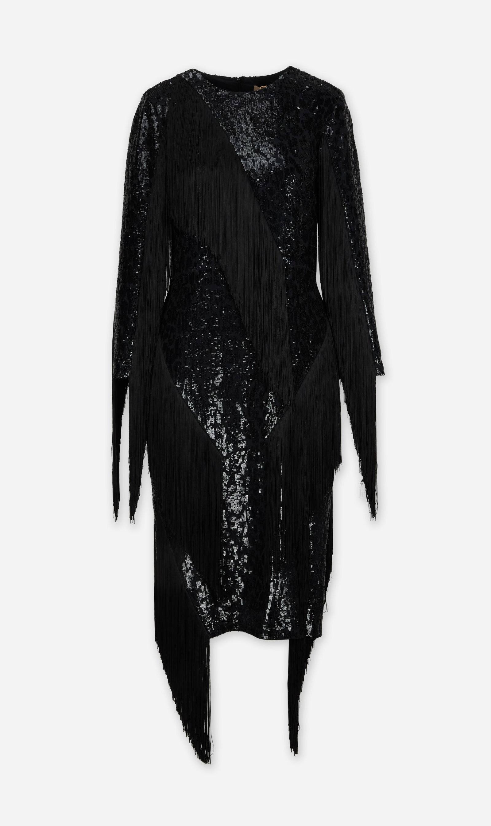 Michael Kors | 2017 Fall Runway Sequined Long-Sleeve Fringe Cocktail Dress: A Michael Kors sequined long-sleeve fringe cocktail midi dress from the fall 2017 runway collection. The dress is composed of a rayon and spandex blend and is lined with a polyester and silk blend