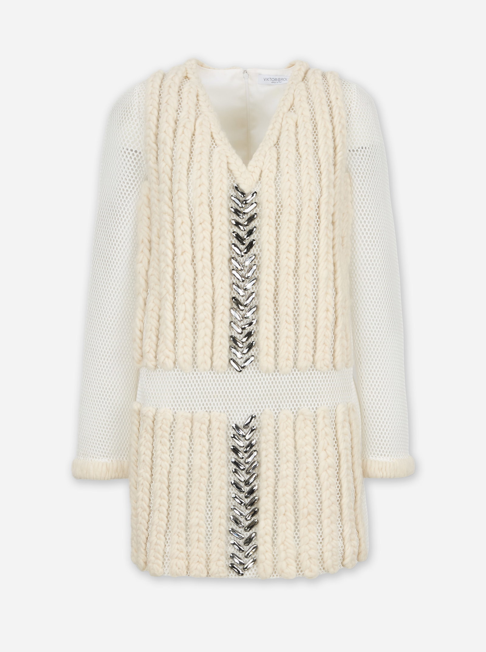 Victor & Rolf | 2014 Fall Cream Cabel-Knit Midi-Dress: Victor & Rolf cream midi-dress from the Fall 2014 Ready to Wear collection (look 34), modeled by Valery Kaufman. Click here for image. The dress is composed of polyester, acetate, and lana wool. It