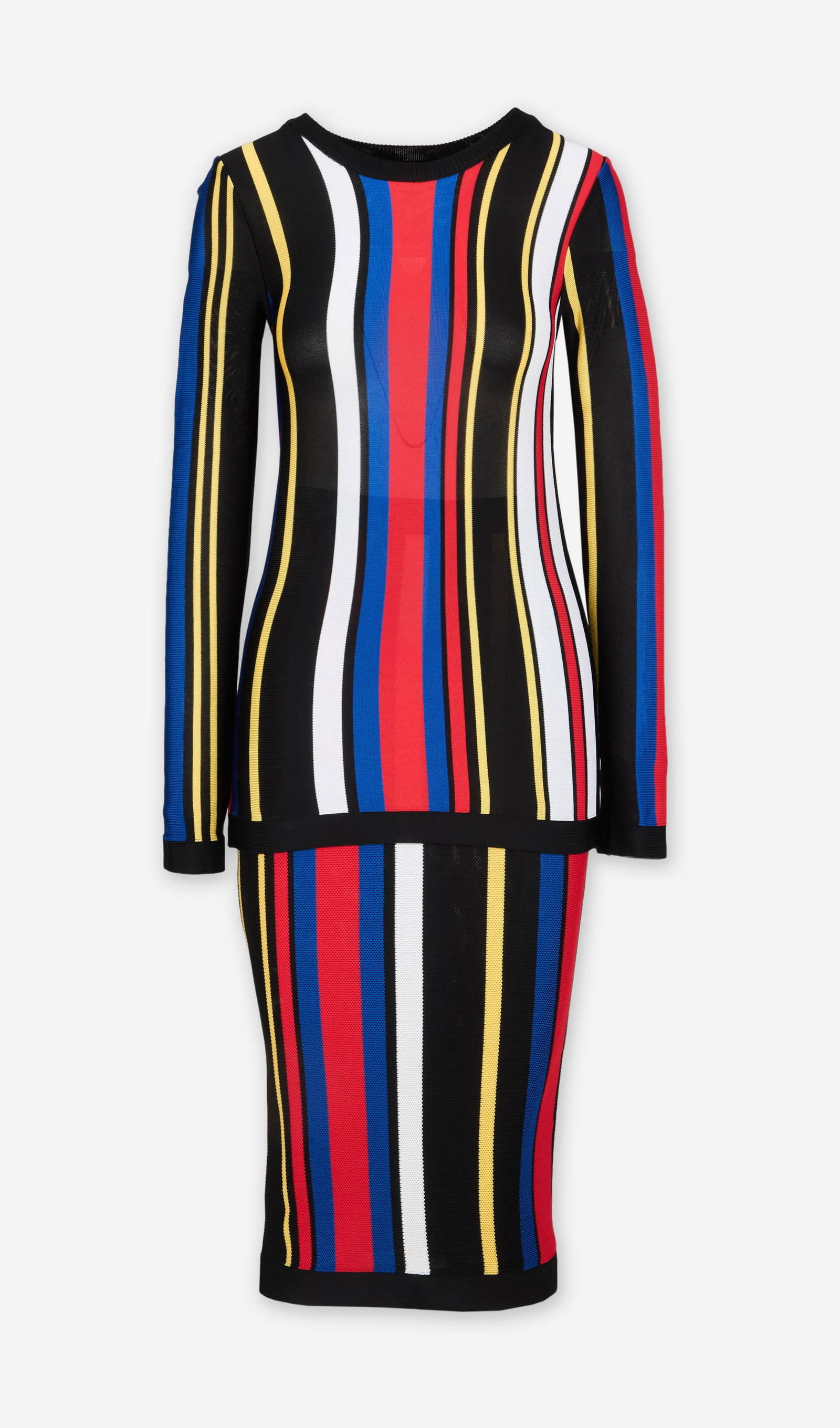 Balmain | 2015 Spring Two-Piece Ensemble: Balmain two-piece ensemble featuring a top and skirt designed by Olivier Rousteing for the spring/summer 2015 runway collection. The ensemble is composed of 100% viscose and features bold vertical str