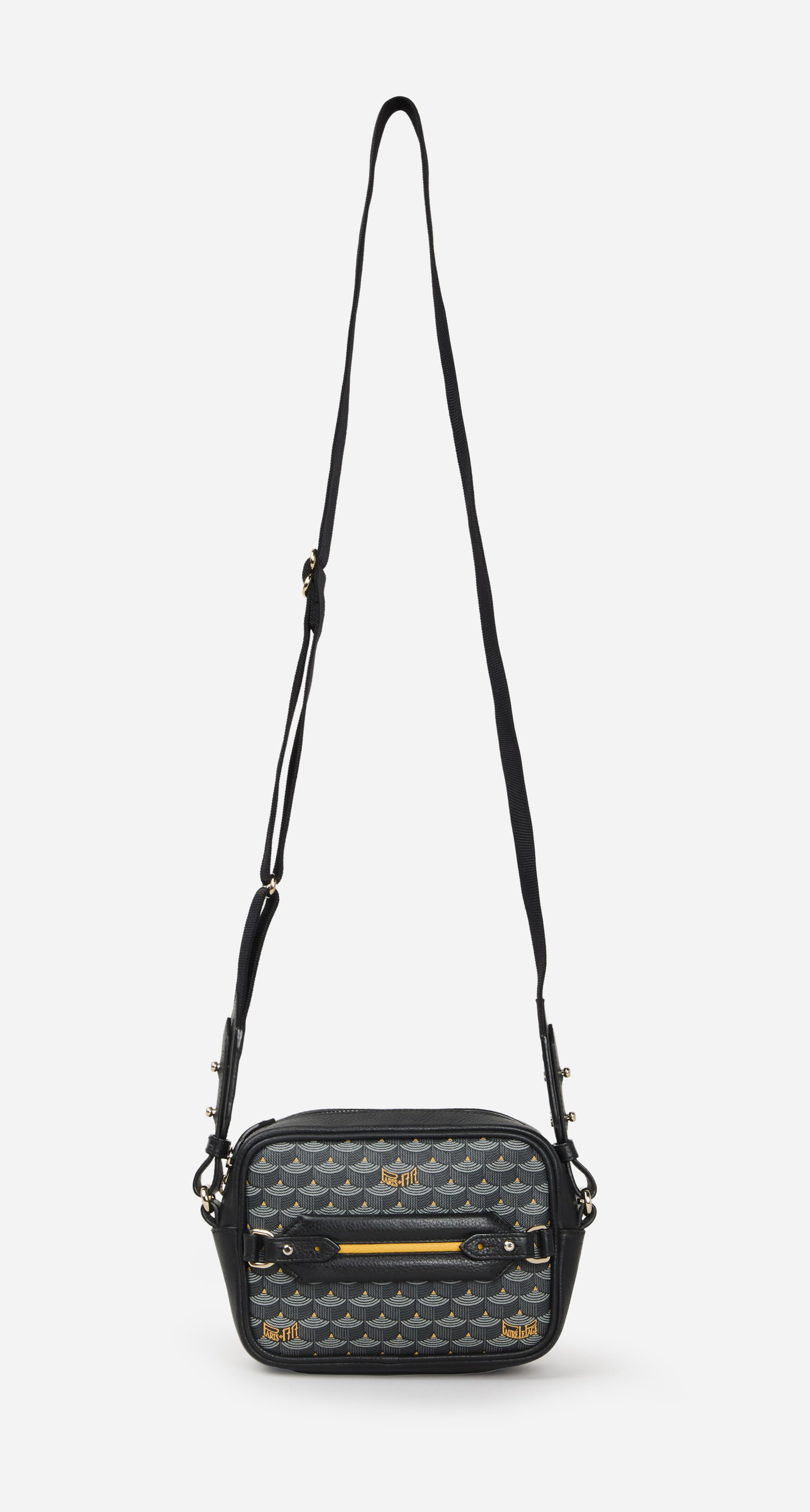 Fauré Le Page | Hands on Bag: Fauré Le Page hands on camera bag from the collection of Cameron Silver. The black cross-body rectangular canvas bag is screen-printed with the Maison's iconic scale motif and enhanced with gra