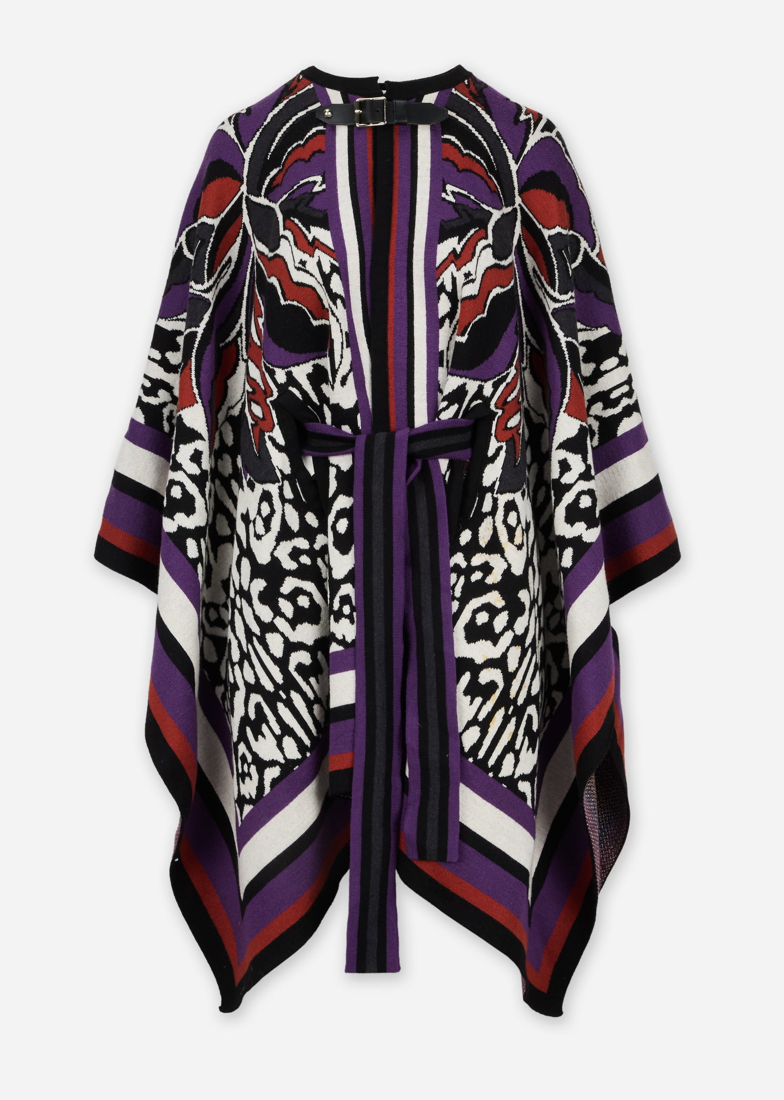Just Cavalli | 2015 Fall Knit Poncho: Just Cavalli knit poncho from the fall 2015 ready to wear collection from the collection of Cameron Silver. Wool poncho featuring a multicolored abstract pattern in purple, black, white, red, and