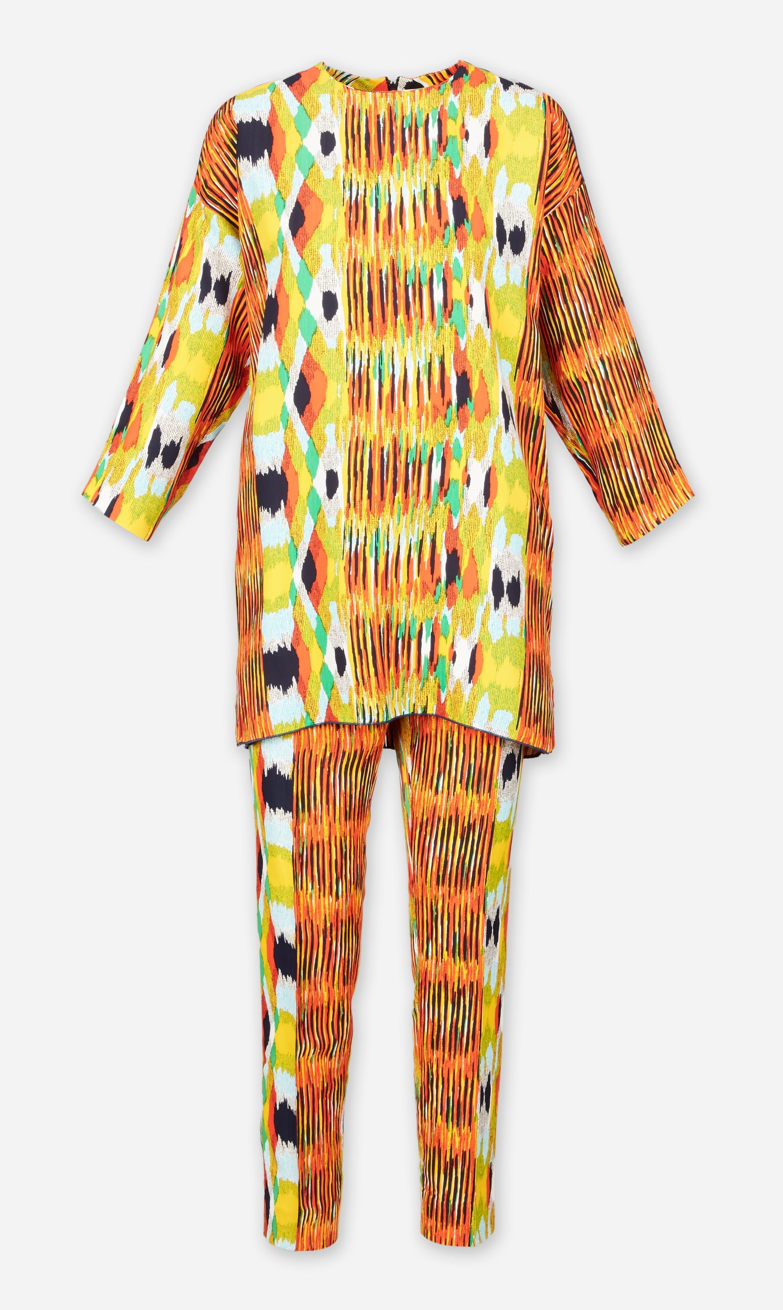 Celine | 2014 Phoebe Philo Ikat Patterned Ensemble: A Celine two-piece Ikat-patterned multi-color ensemble designed by Phoebe Philo during her tenure as creative director circa 2014. The ensemble features a viscose top and pants; the top features a cre