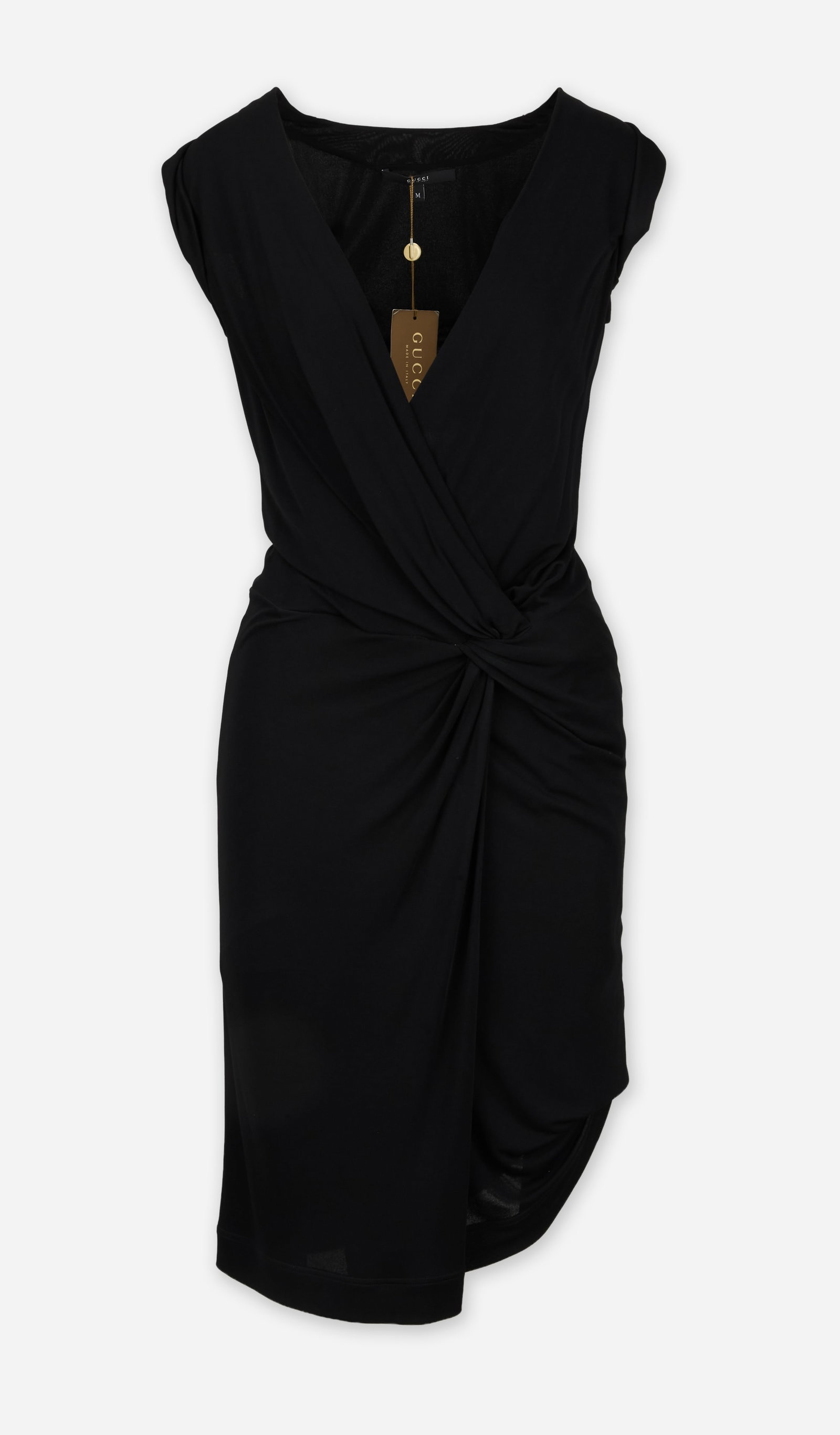 Gucci | 2009 Black Midi Dress: Gucci black midi dress circa 2009 design under Frieda Gianni's tenue as creative director. The black sleeveless dress has softly structured shoulders and a deep surplice V-neck. Designed with fluid dr