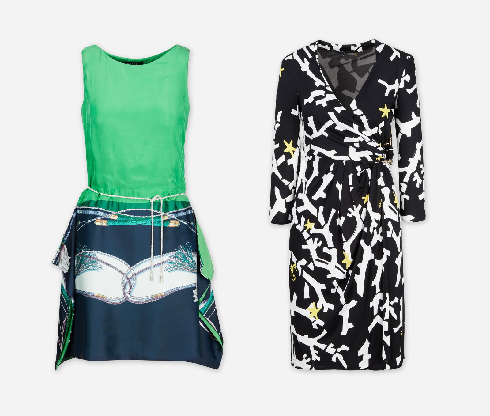 Gucci | 2012 Spring Green Scarf Dress & 2008 Resort Seahorse Print Dress: A group of two Frieda Giannini Gucci dresses featuring a Gucci Green Scarf Printed Silk Chain Embellished Side Pleated Dress from the spring 2012 Ready to Wear collection, (look 5) modeled by Julia