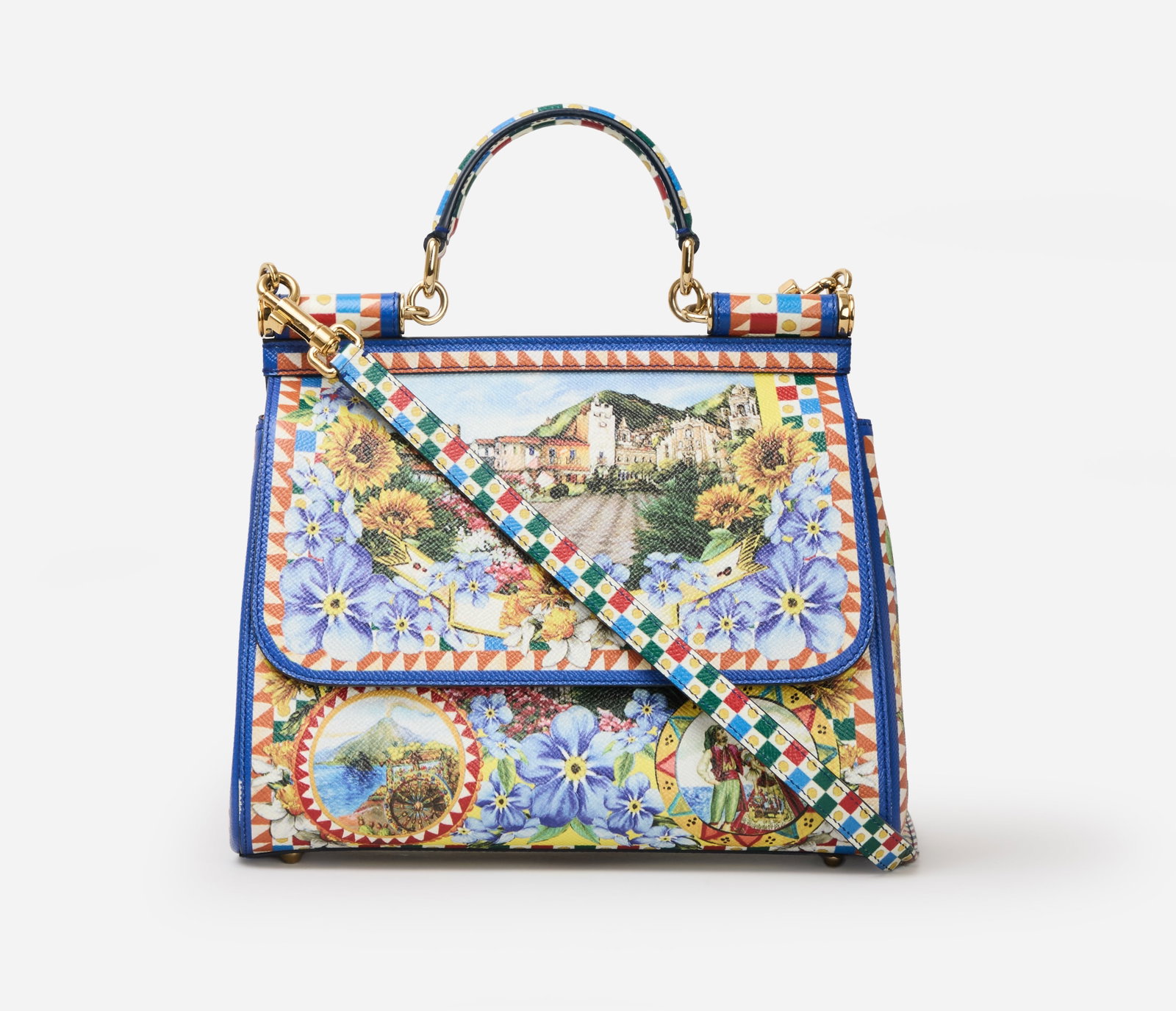 Dolce & Gabbana | Miss Sicily Bag: Dolce & Gabbana Miss Sicily top handle bag. The blue leather bag features a floral print with an illustration of Sicily, Italy, accented by gold-tone hardware. It is designed with rolled top handles