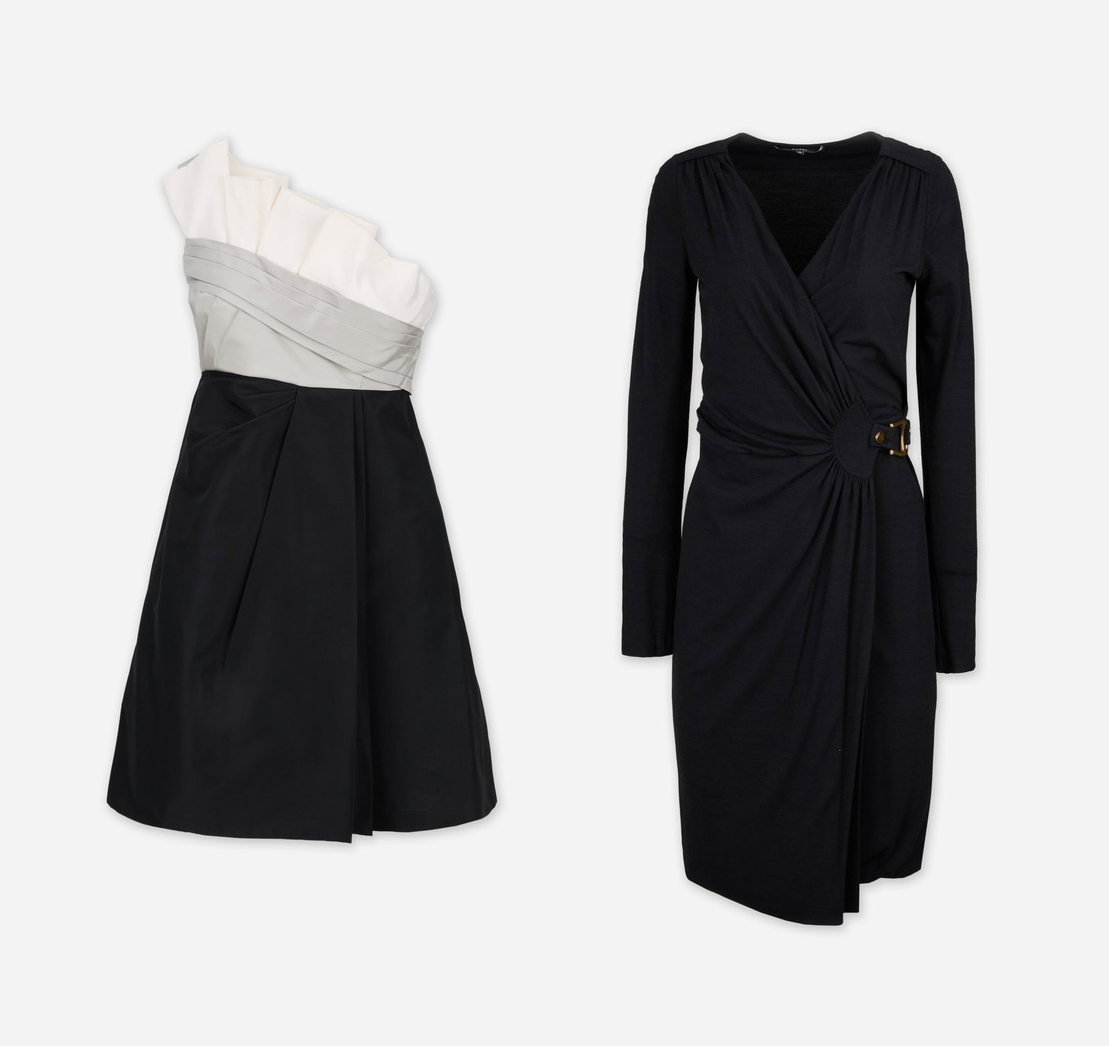 Gucci | Frida Giannini Era Dresses: A group of two Gucci dresses designed by Frida Giannini during her tenure as creative director. A long black wool dress featuring elegant gathering at the waist and hips, creating a sculptural