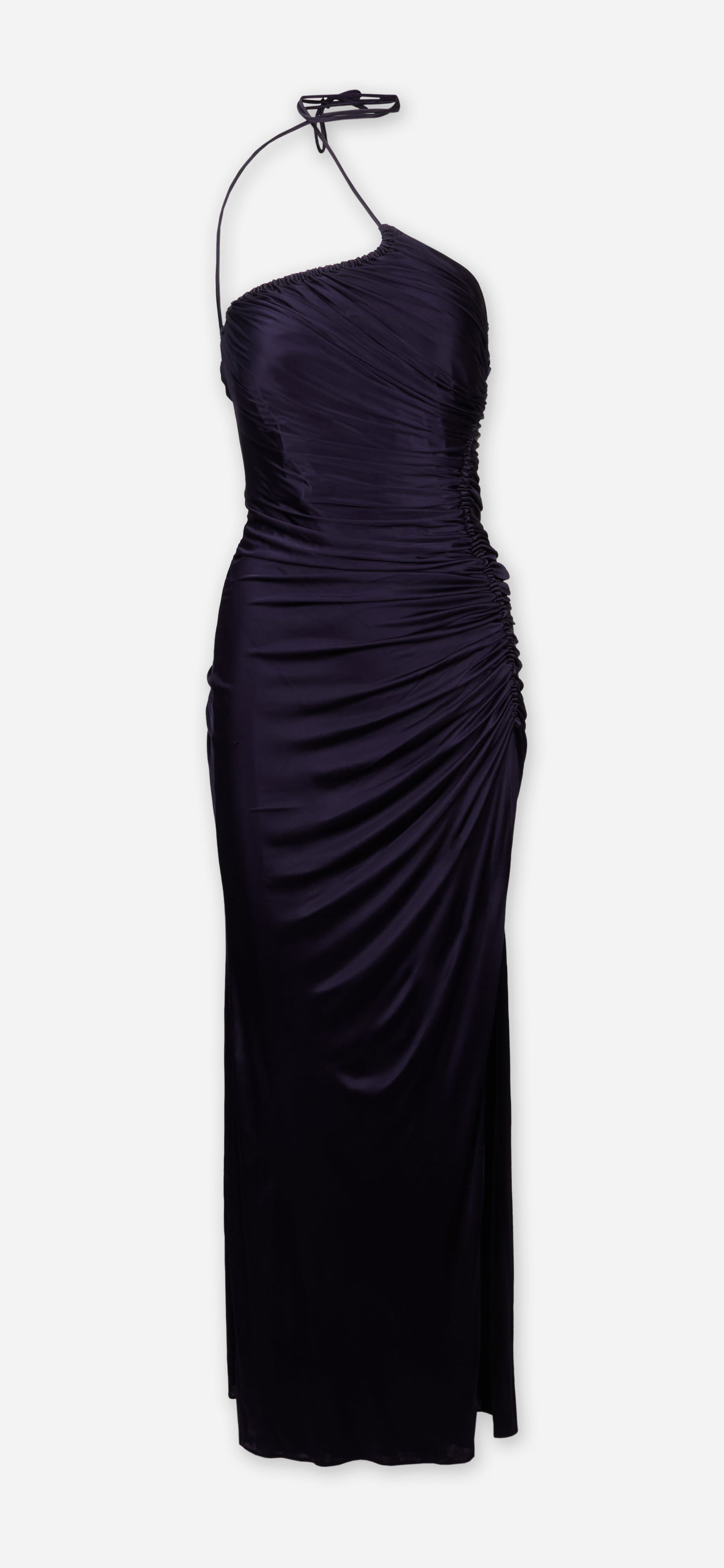 Versace | Donatella Era Purple Asymmetric Gathered Halter Gown: A purple Versace floor-length evening gown designed by Donatella Versace for the house ready-to-wear collections. The design is composed of viscose faille, spaghetti straps at the neckline grow from