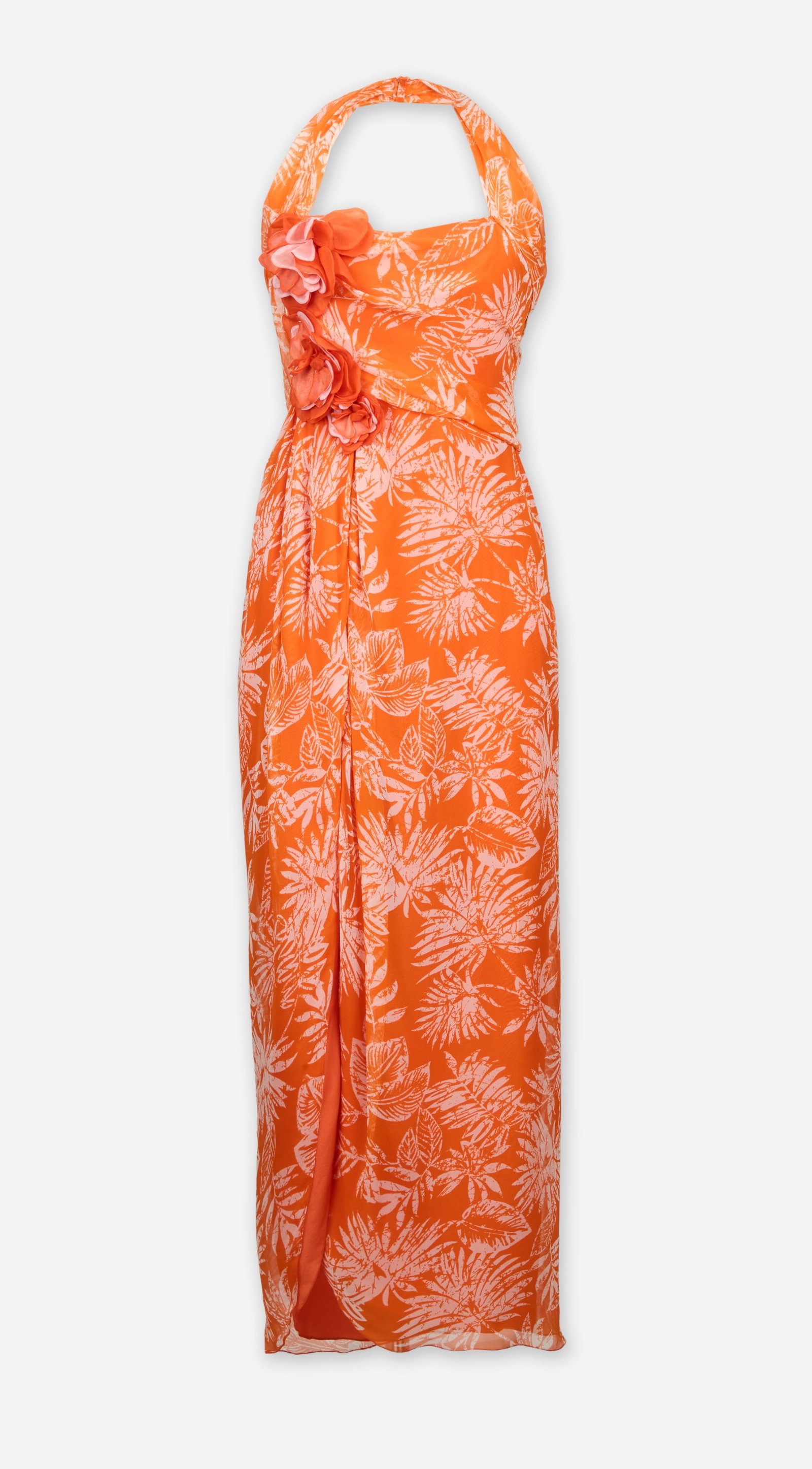 Dior | 2011 Galliano Spring Runway Patterned Evening Gown: An orange floral patterned evening gown designed by John Galliano for the Dior spring/summer 2011 ready to wear collection, (look 36) modeled by Shena Moulton. Click here for image. A halter neck