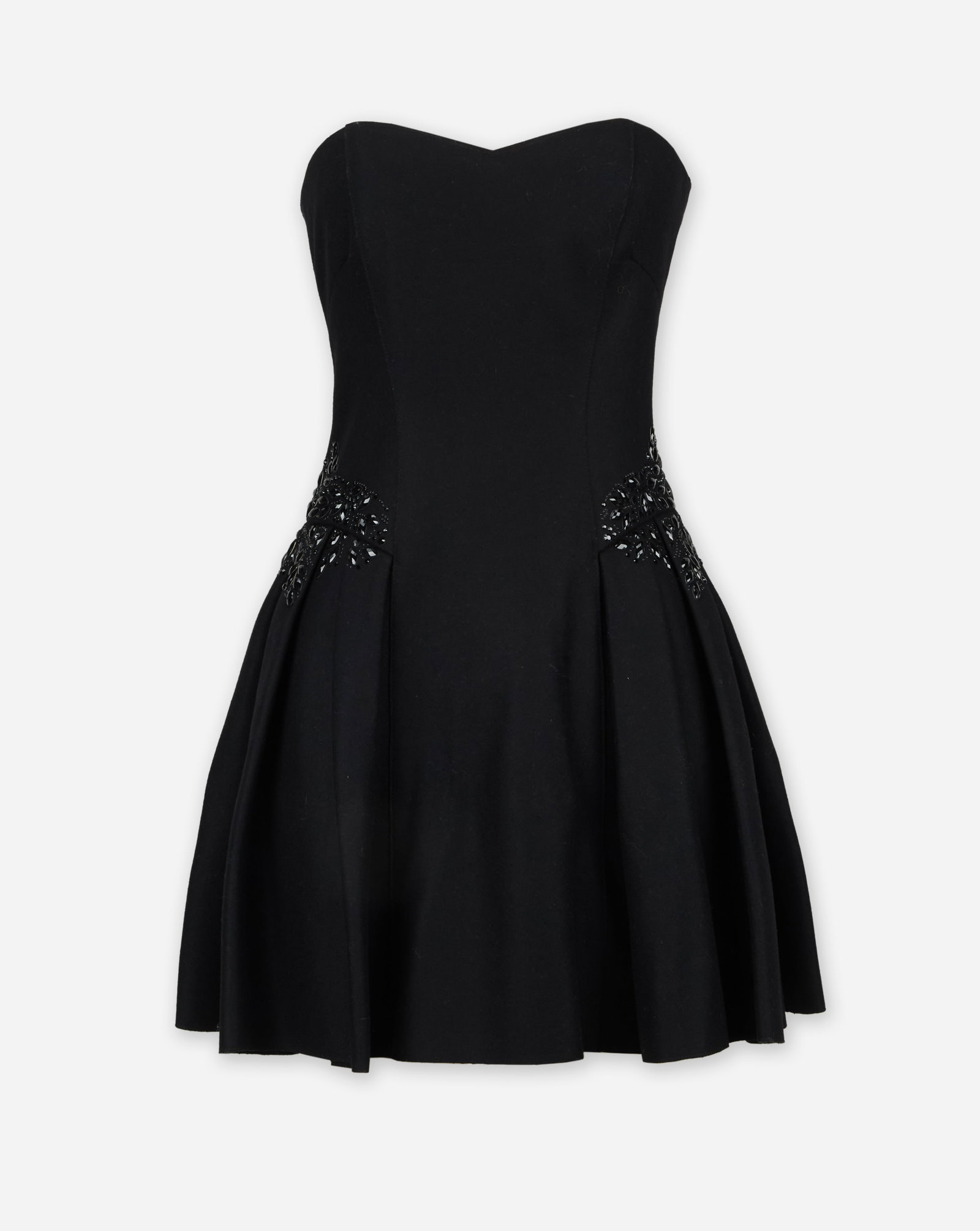 Emporio Armani | Black Mini Dress: Emporio Armani black strapless black wool mini dress. The strapless dress is composed of wool and features a sweetheart neckline, with beaded embellishments along the side waist and a pleated skirt.