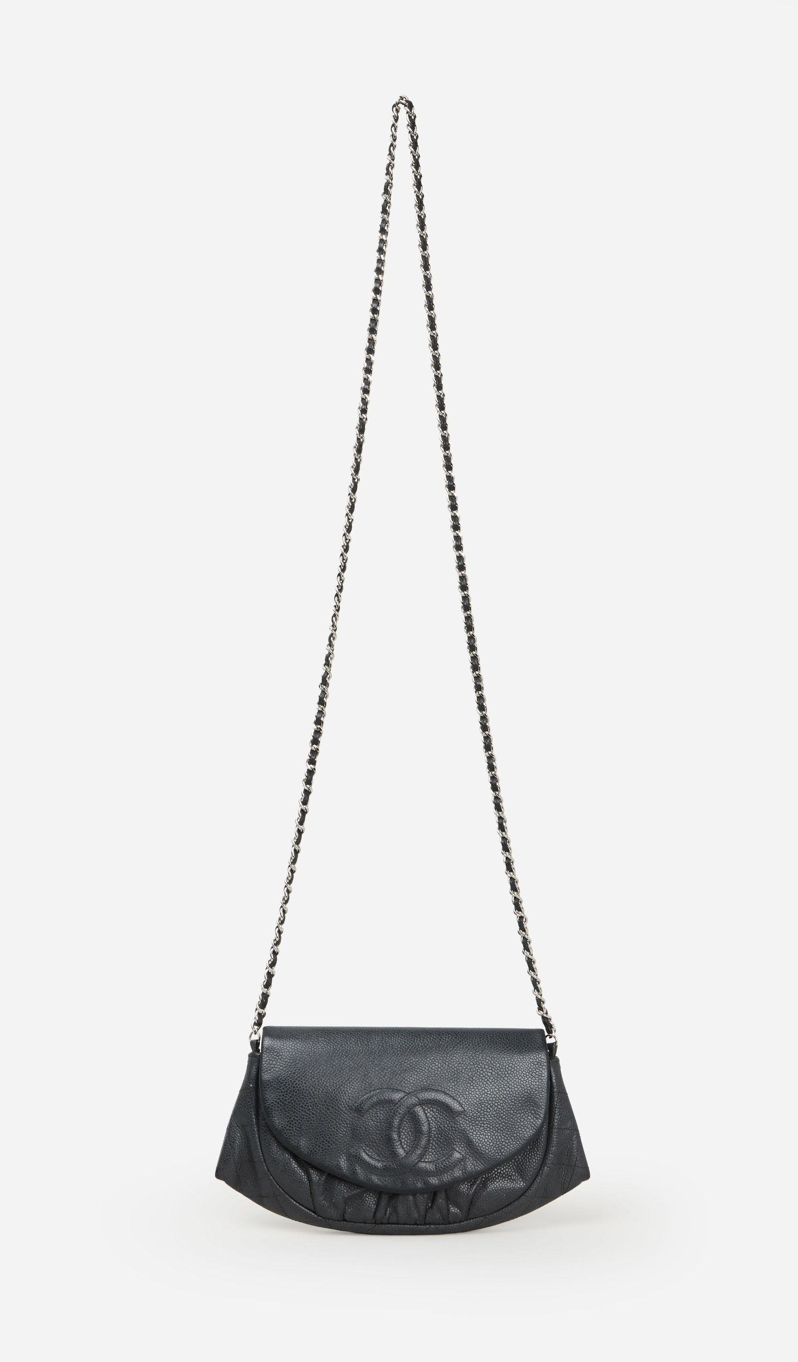 Chanel | Black Monogram Caviar Leather Crossbody: Chanel CC Caviar Half Moon Wallet on chain crossbody bag circa 2012-2013. Black pebbled leather flap shoulder bag featuring a softly structured silhouette with gathered pleat detailing beneath the