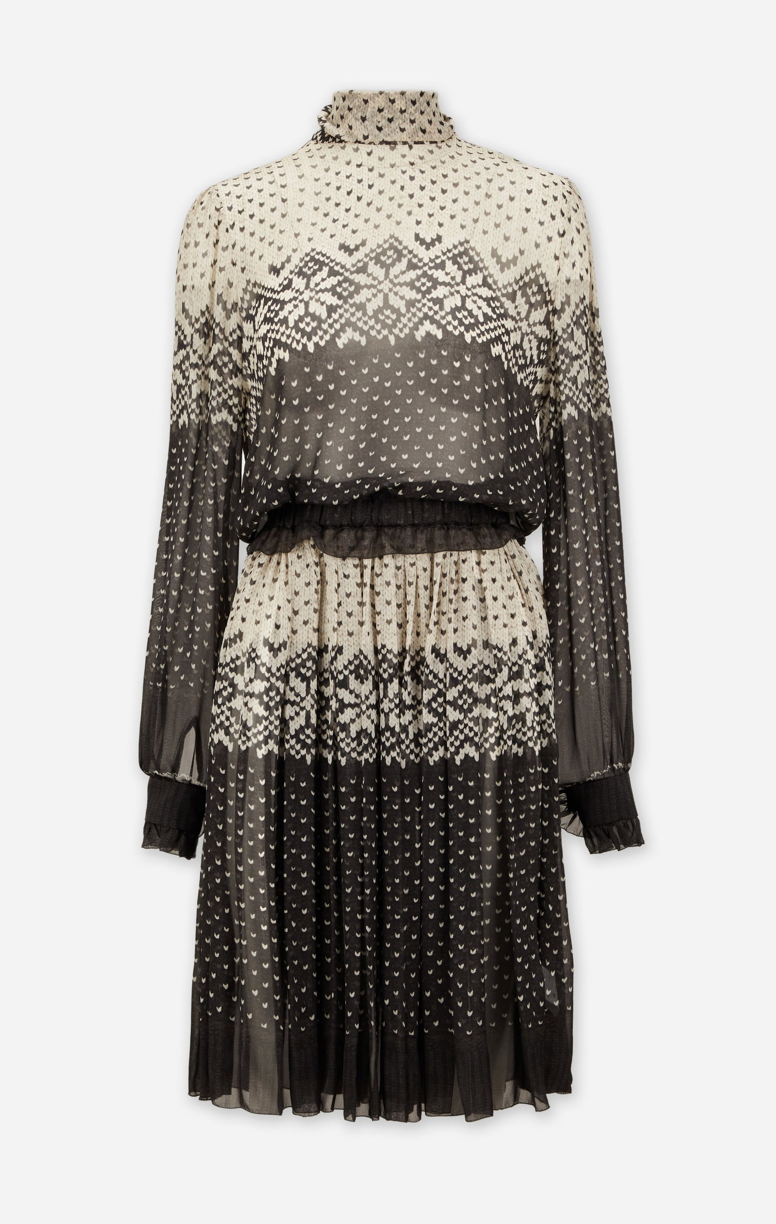 D&G | 2010 Fall Fair Isle Print Dress: A D&G (Dolce and Gabbana diffusion line) fair isle trompe l'oeil print chiffon blend long sleeve day dress with mock-turtle neck that ties at the neck. The dress features loose sleeves that gather at