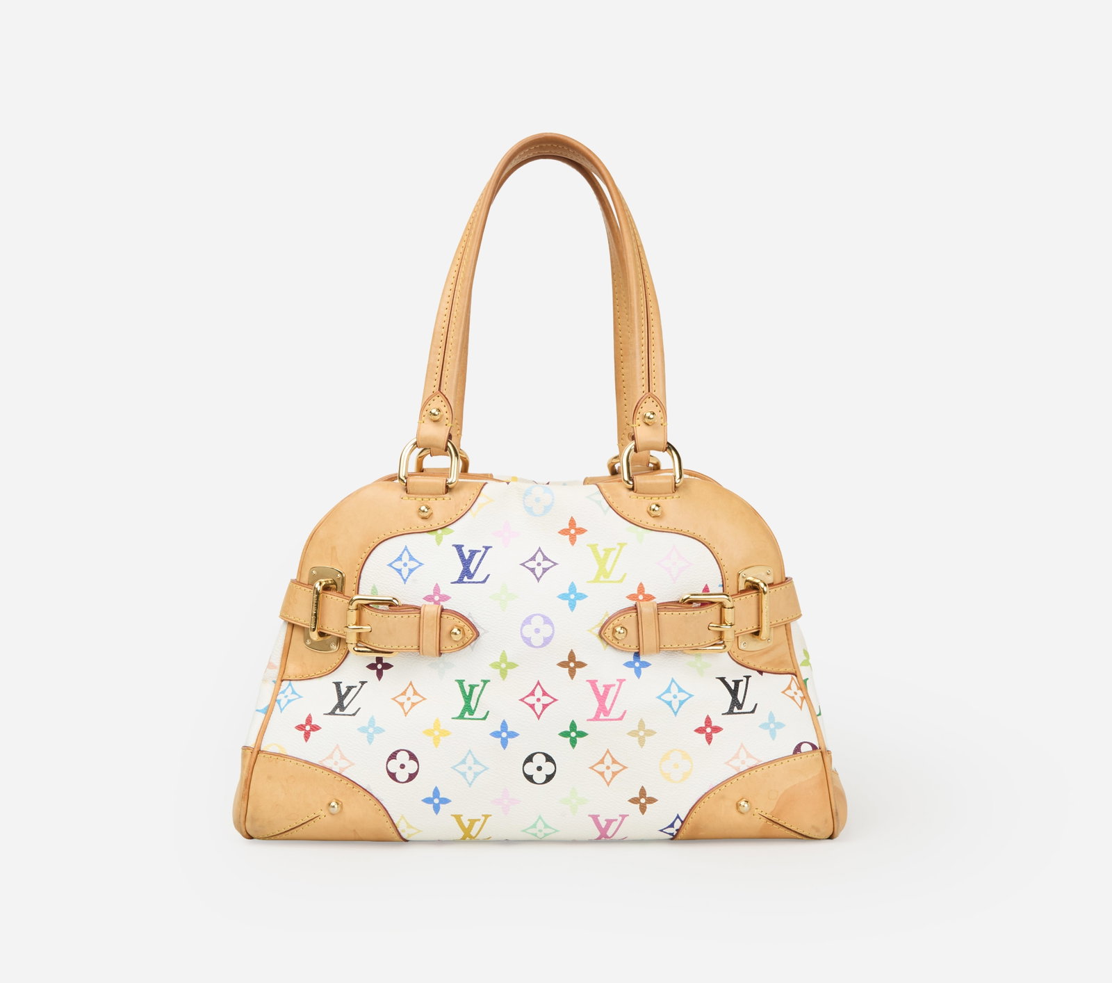 Louis Vuitton | 2009 Takashi Murakami Monogram Claudia Handbag: Louis Vuitton Takashi Murakami white Multicolore monogram coated canvas Claudia Bag cera 2009. White coated canvas satchel handbag featuring an allover multicolor monogram print with floral motifs..