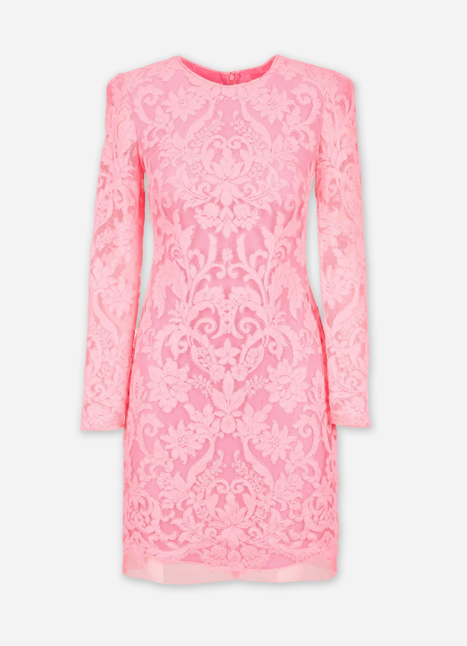 Naeem Khan | Pink Cocktail Dress: Naeem Khan hot pink sheath midi cocktail dress. The dress is composed of100% polyester and lined with 100% silk. It features a fitted silhouette with a round neckline and long sheer lace sleeves.
