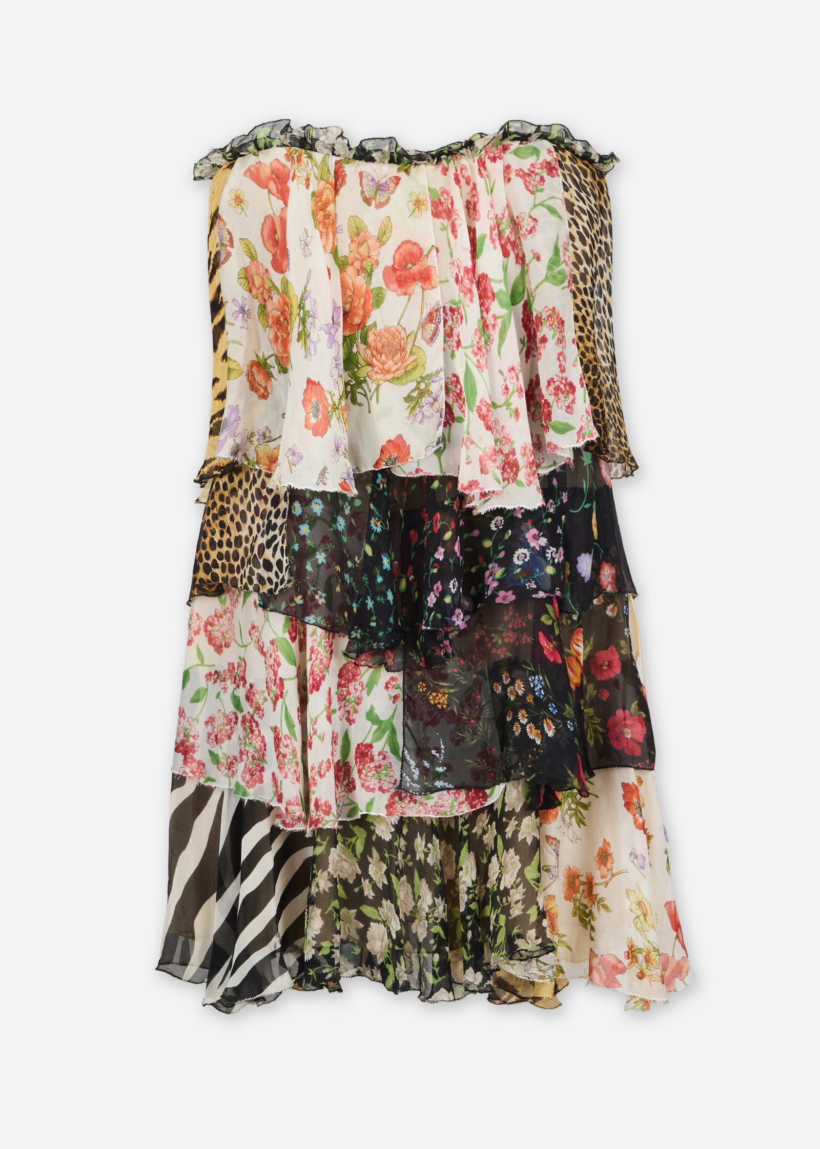 D&G | 2008 Spring Patchwork Mini Dress: D&G strapless patchwork mini dress from the spring 2008 ready to wear collection. The dress is composed of 100% silk. The design combines mixed floral, animal, and striped prints in layered panels.