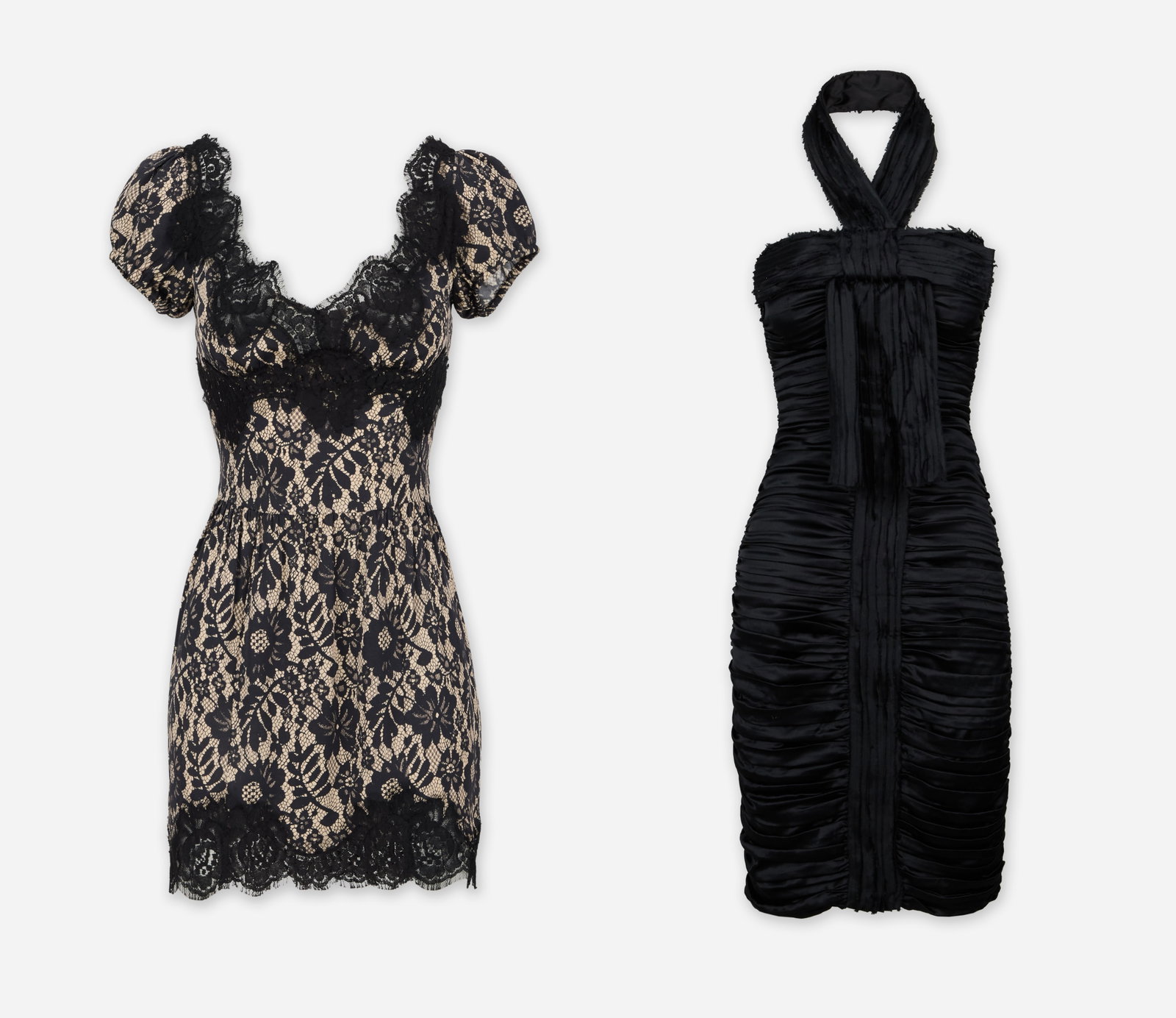 Dolce & Gabbana | 2008 Spring Two Black Mini Dress: A group of two Dolce & Gabbana mini dresses featuring one lace dress. Next, a D & G black ruched satin halter dress from the 2008 Spring Summer ready to wear collection modeled by Vittoria Ceretti.